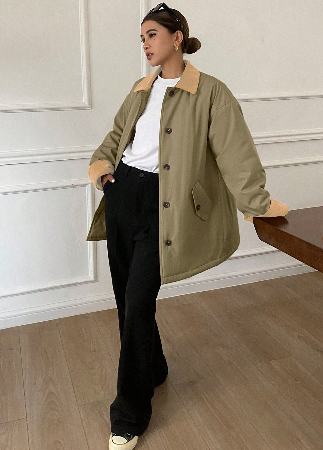 Оливковое (хаки) демисезонное Пальто SHEIN