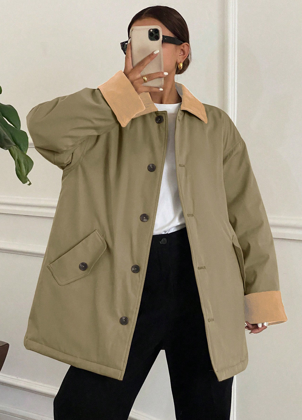 Оливковое (хаки) демисезонное Пальто SHEIN