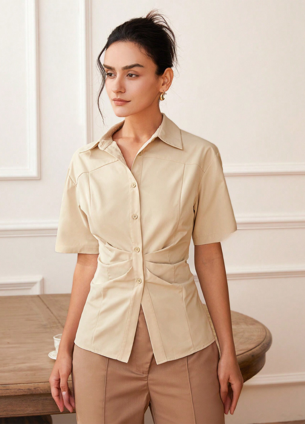 Бежевая классическая, кэжуал рубашка однотонная SHEIN