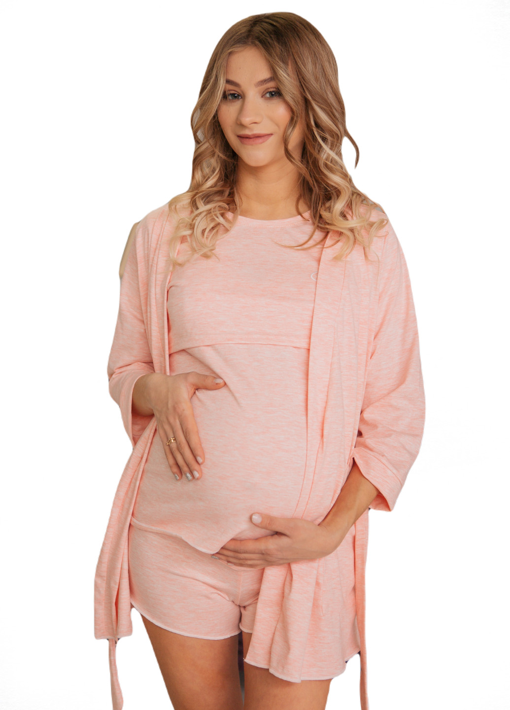 6601(55)8829602(55)06 Комплект для беременных и кормящих (Укороченный халат, футболка, шорты) Розовый HN рита (223533255)