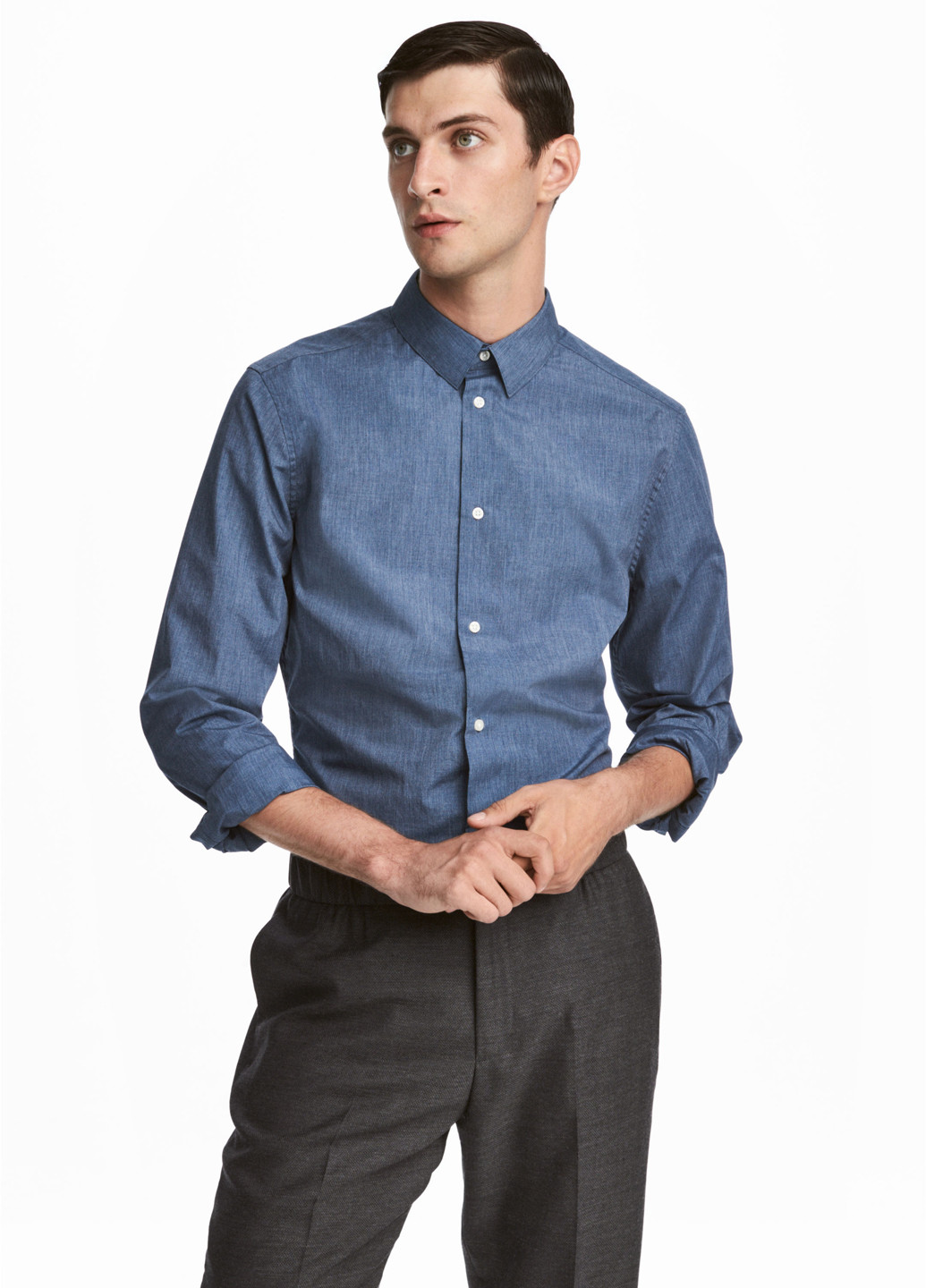 Синяя кэжуал рубашка однотонная H&M с длинным рукавом