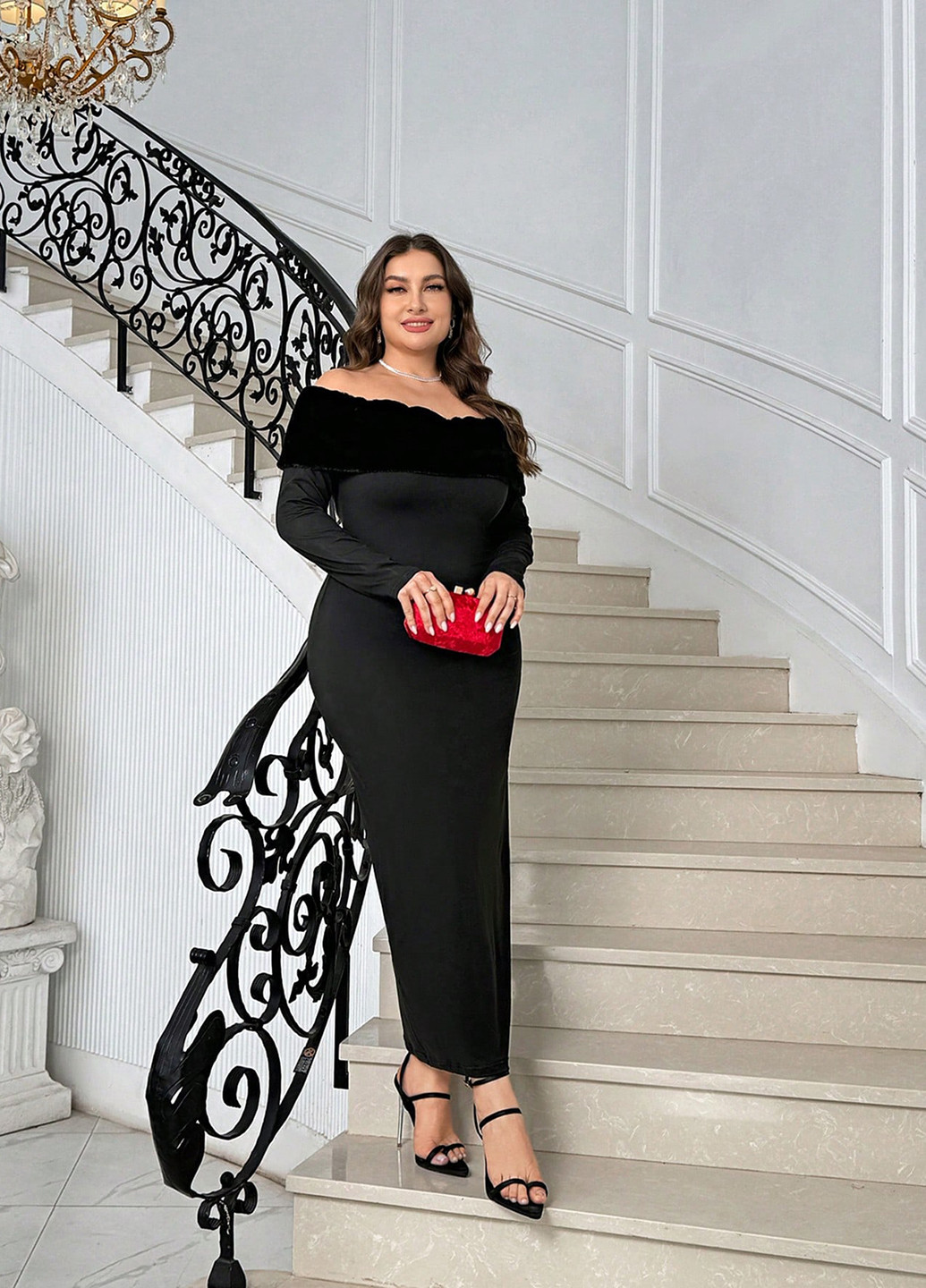 Черное вечернее платье силуэтная, с открытыми плечами SHEIN однотонное