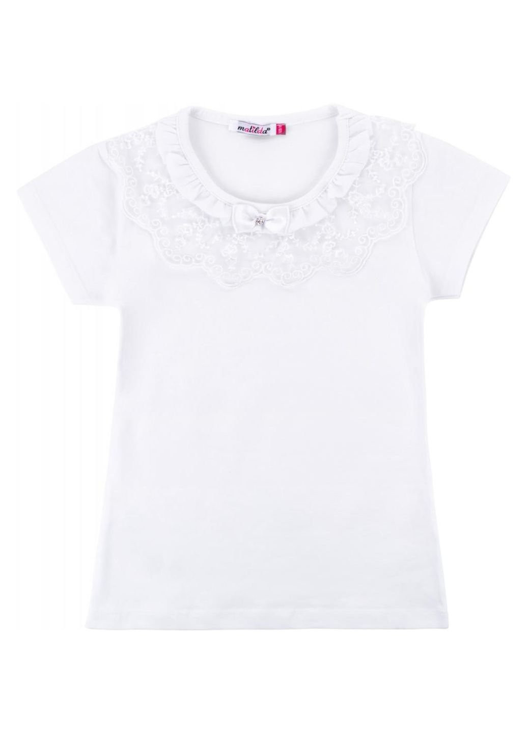 Белая демисезонная футболка детская с коротким рукавом и кружевной оборкой (7134-164g-white) Matilda