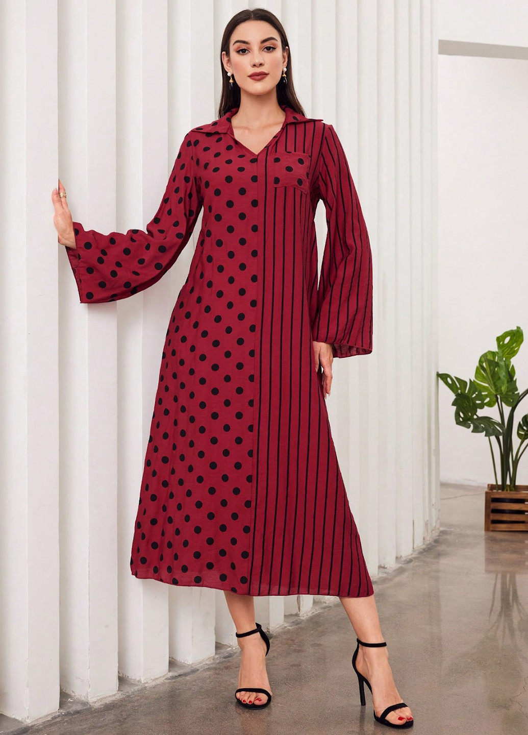 Красное кэжуал платье а-силуэт SHEIN с геометрическим узором