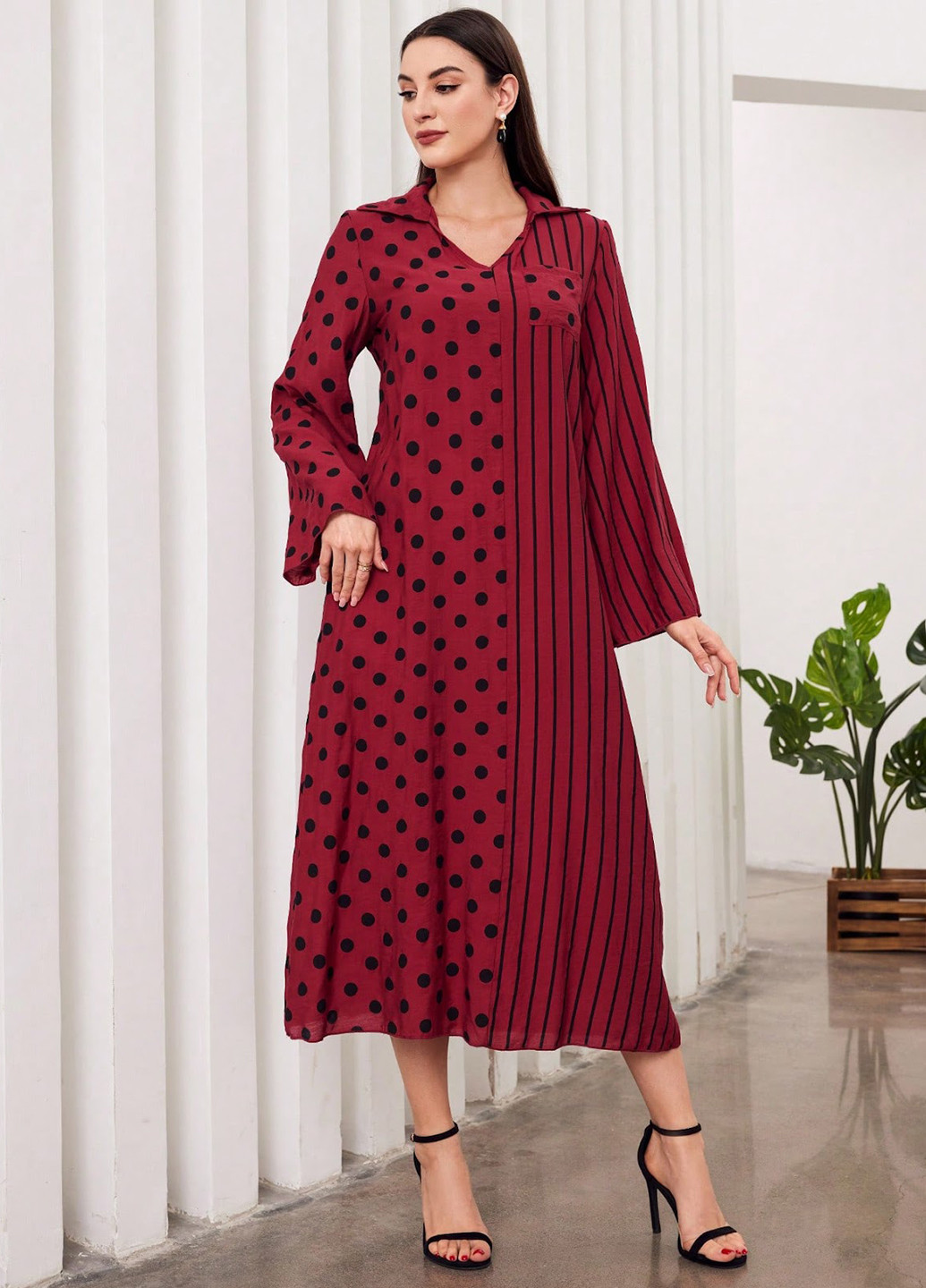 Красное кэжуал платье а-силуэт SHEIN с геометрическим узором