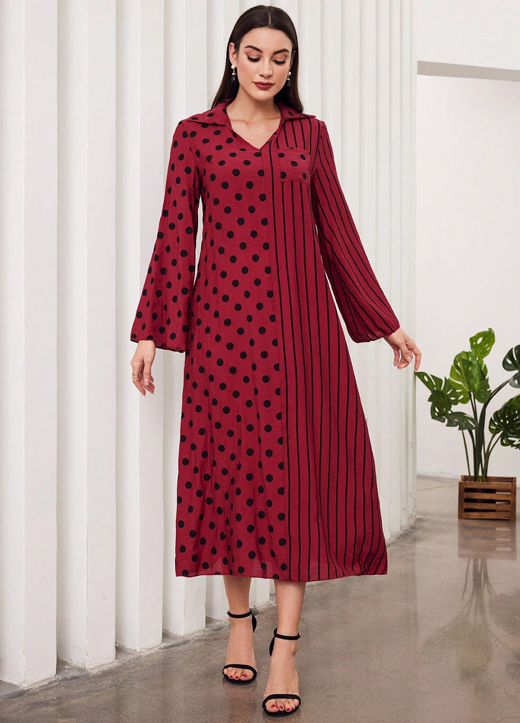 Красное кэжуал платье а-силуэт SHEIN с геометрическим узором