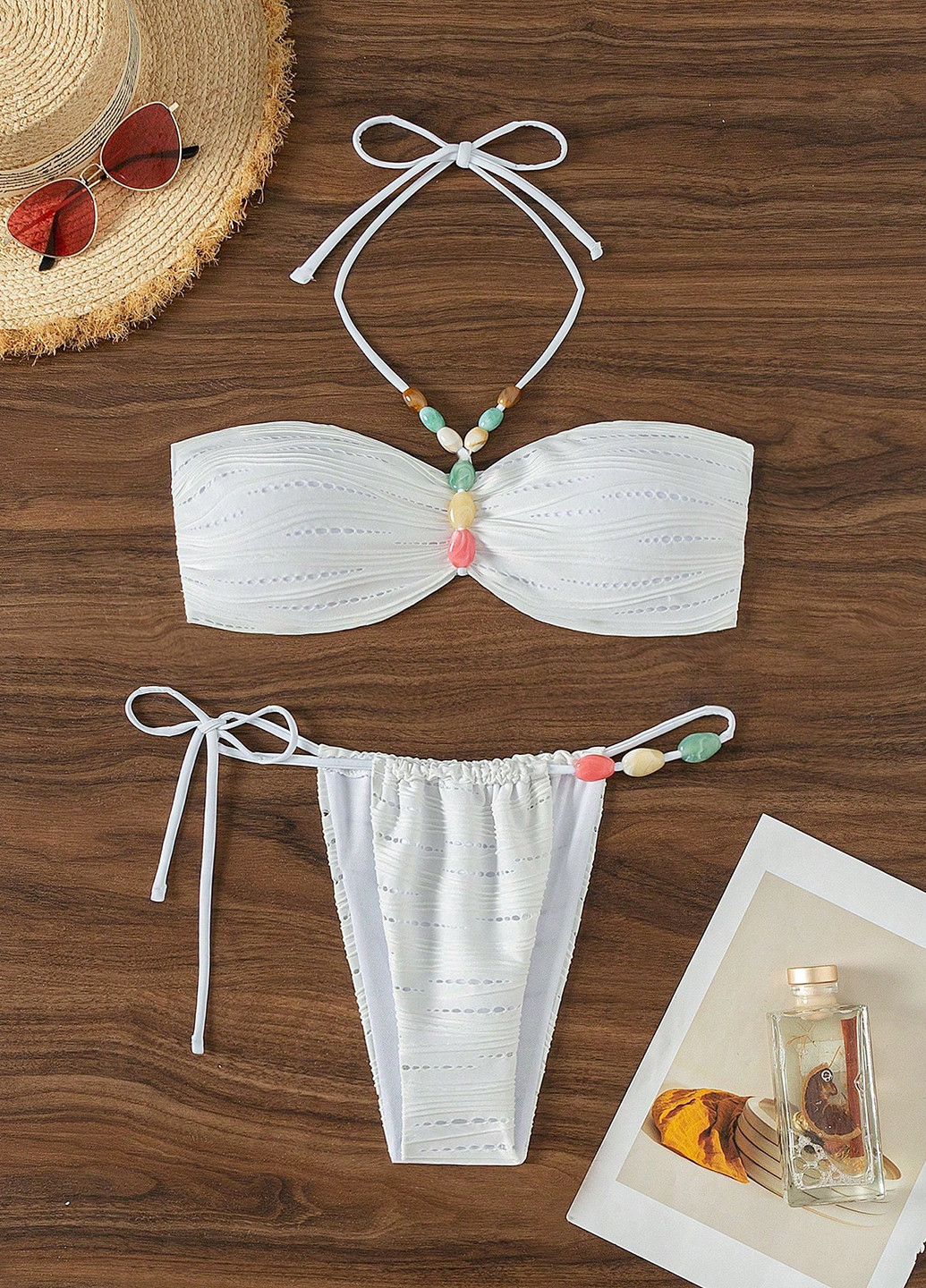 Белый летний купальник (лиф, трусики) раздельный, бандо SHEIN