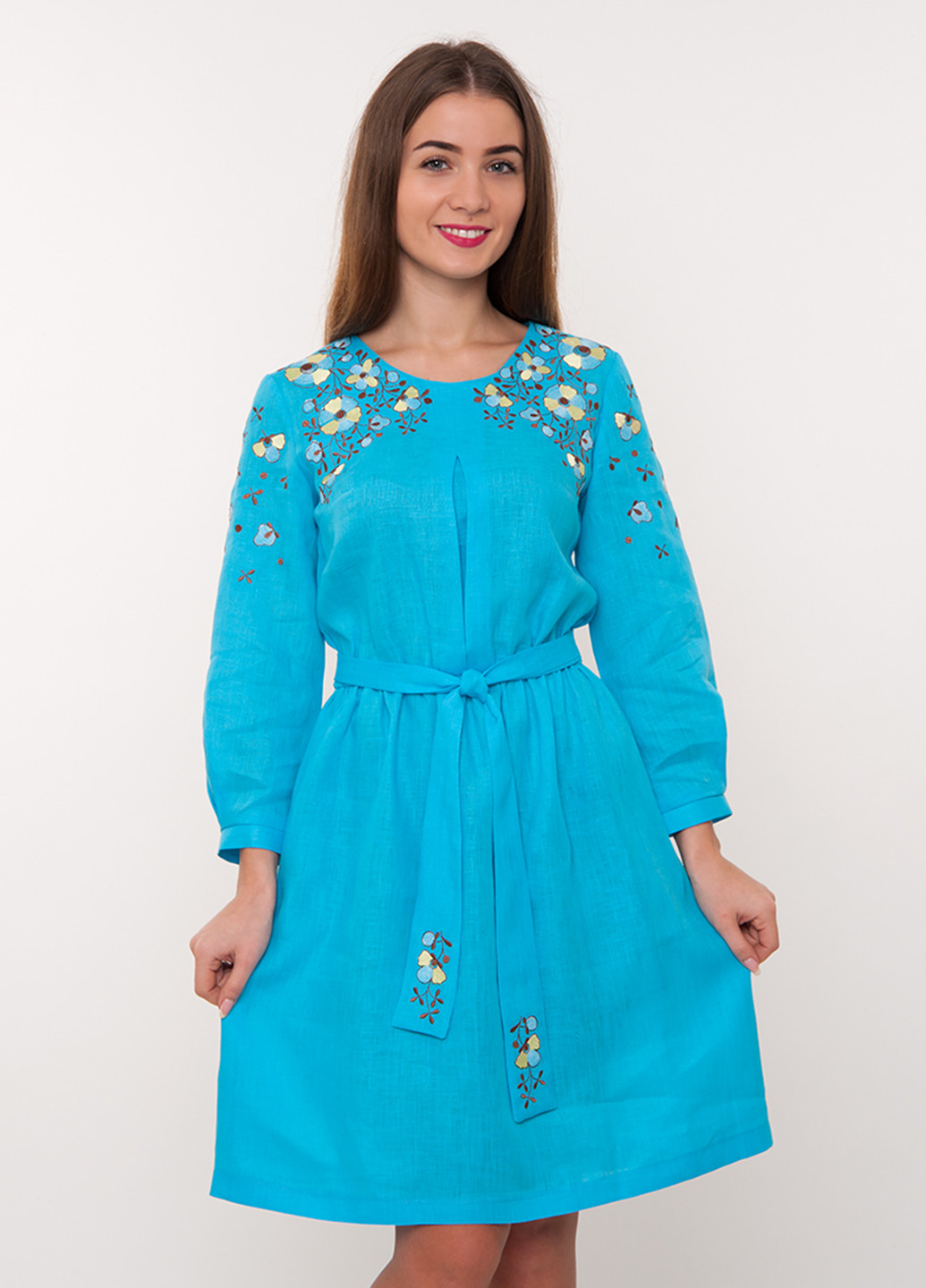 Голубое кэжуал платье Vyshyvanka с цветочным принтом
