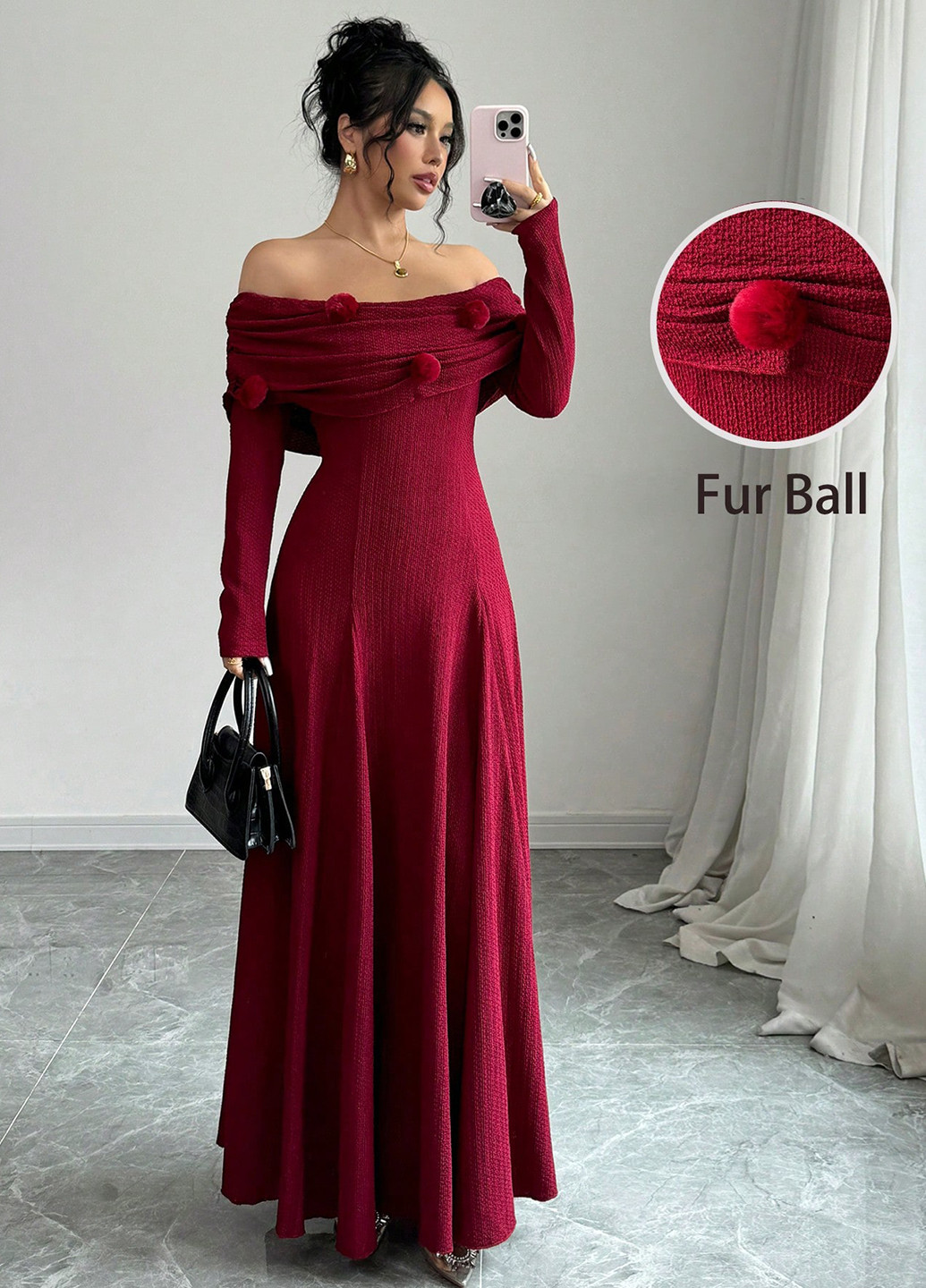 Вишневое вечернее, праздничный платье клеш, с открытыми плечами, с открытой спиной SHEIN однотонное