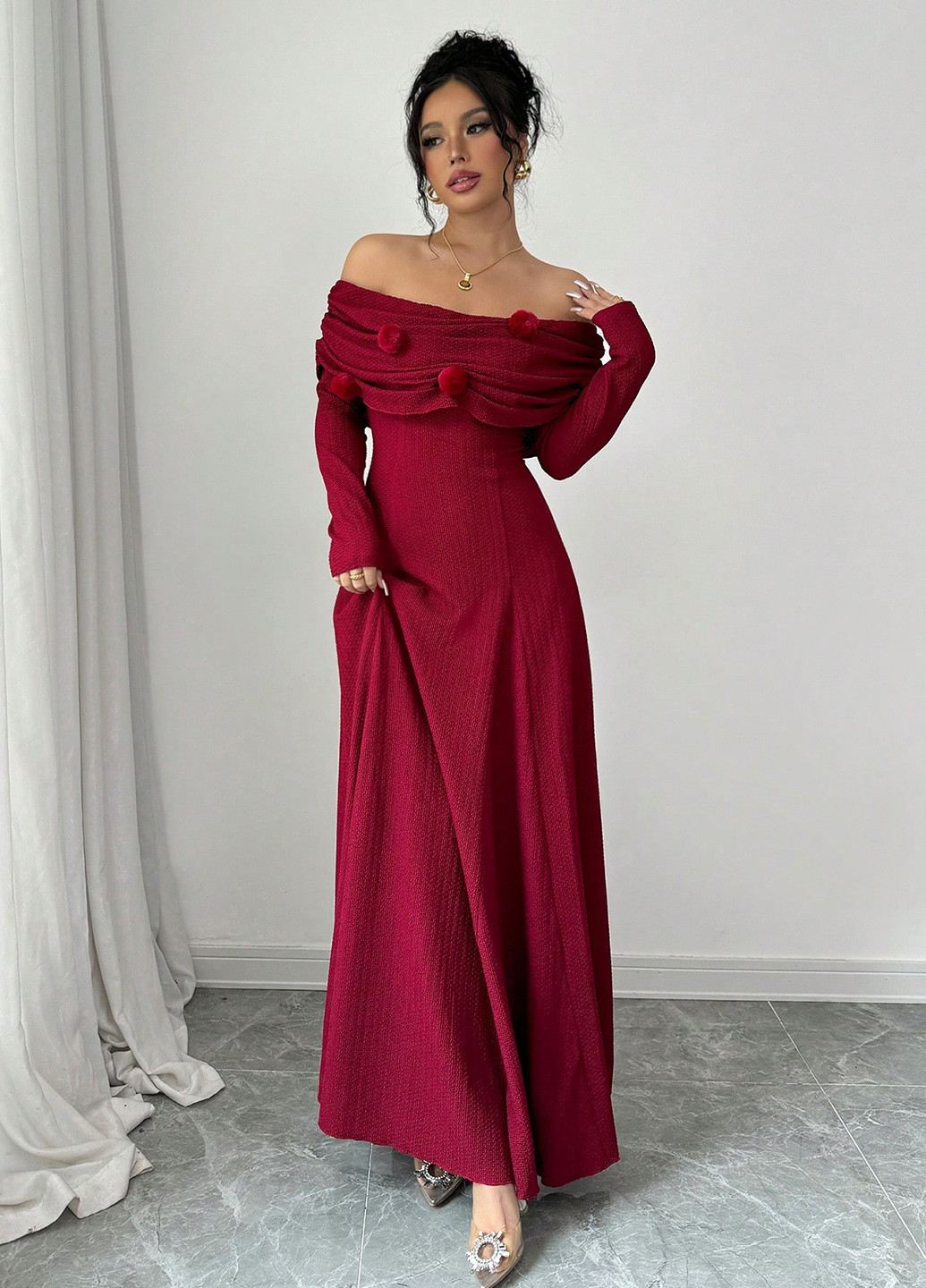 Вишневое вечернее, праздничный платье клеш, с открытыми плечами, с открытой спиной SHEIN однотонное