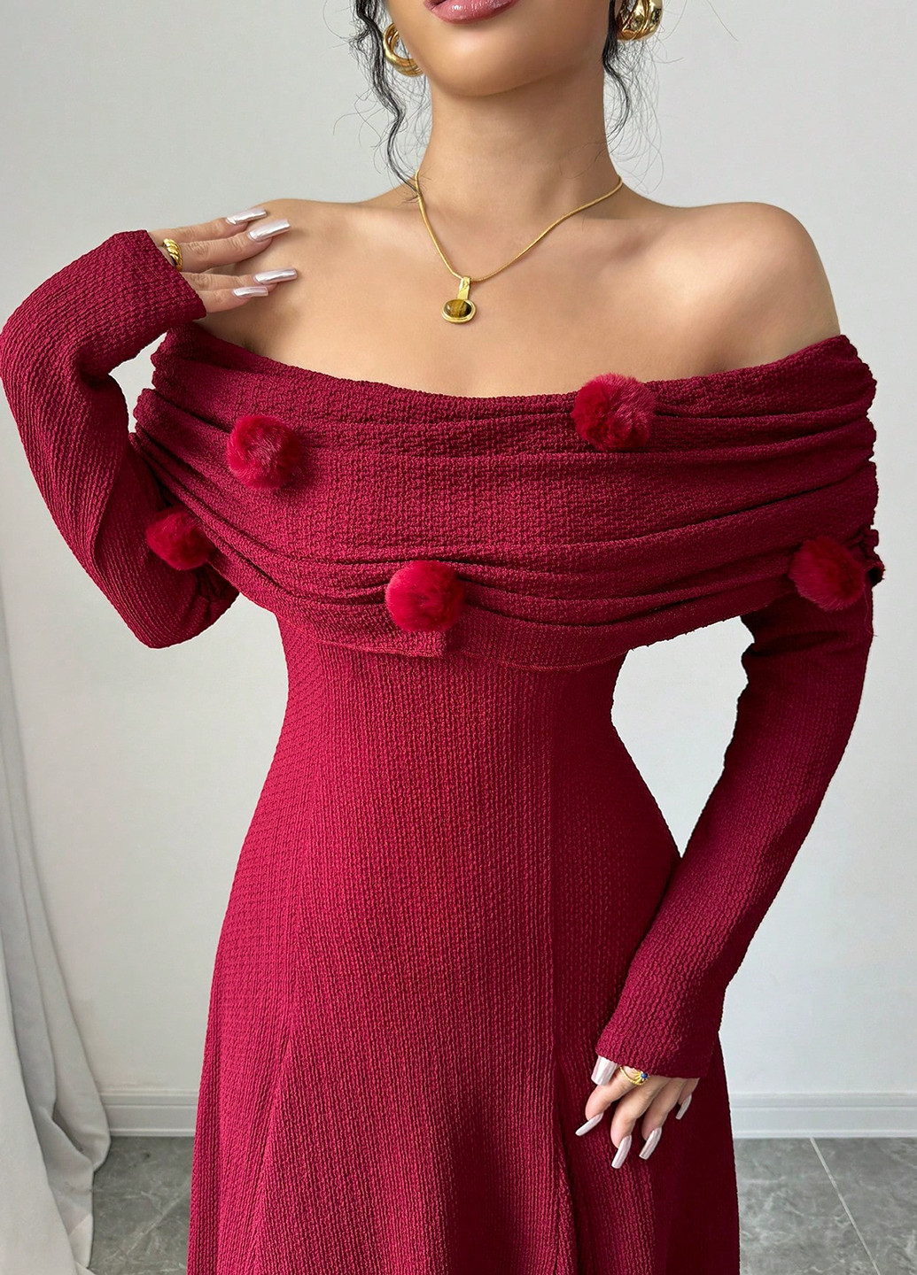 Вишневое вечернее, праздничный платье клеш, с открытыми плечами, с открытой спиной SHEIN однотонное