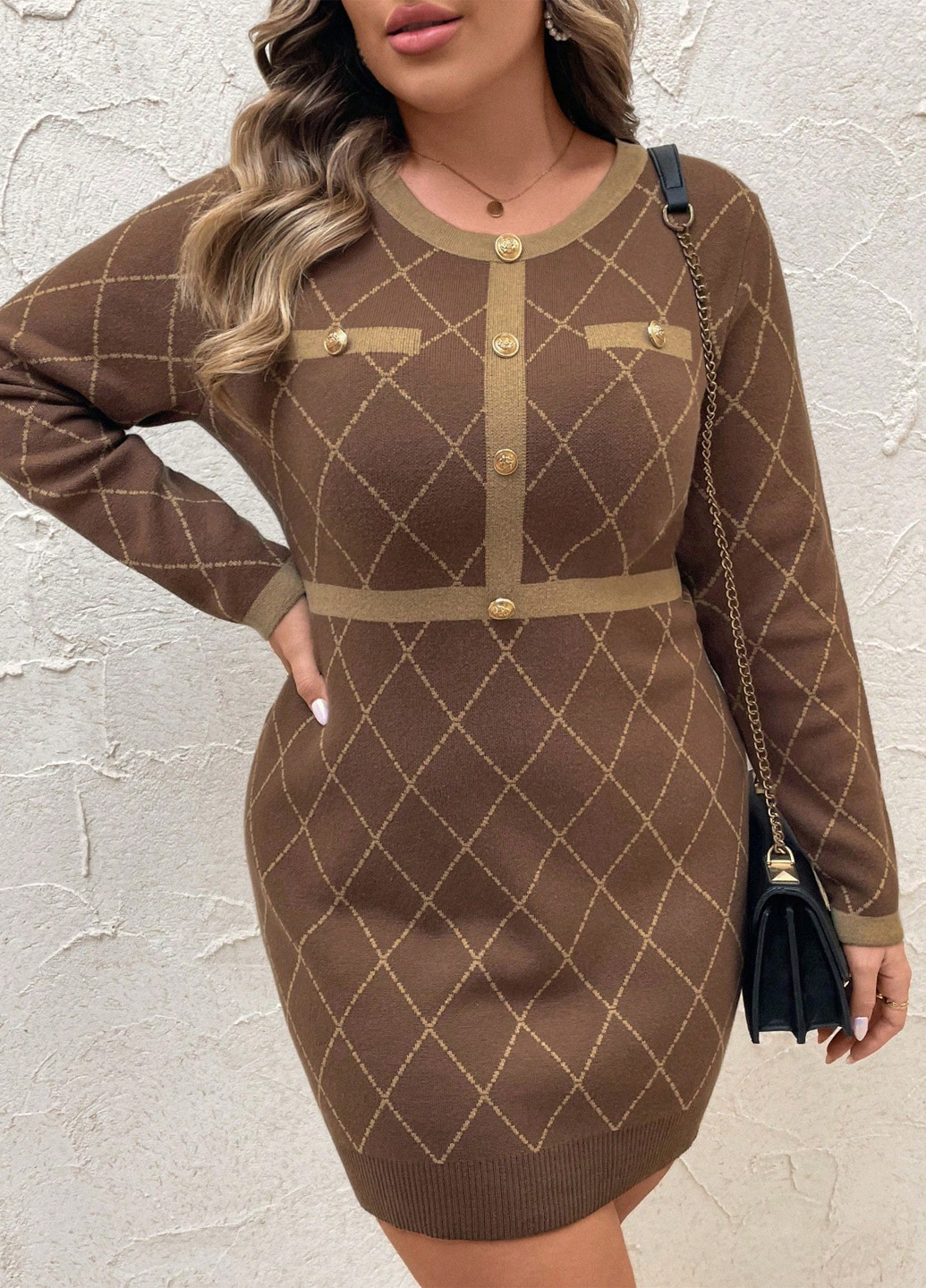 Коричневое кэжуал платье платье-свитер SHEIN в клетку