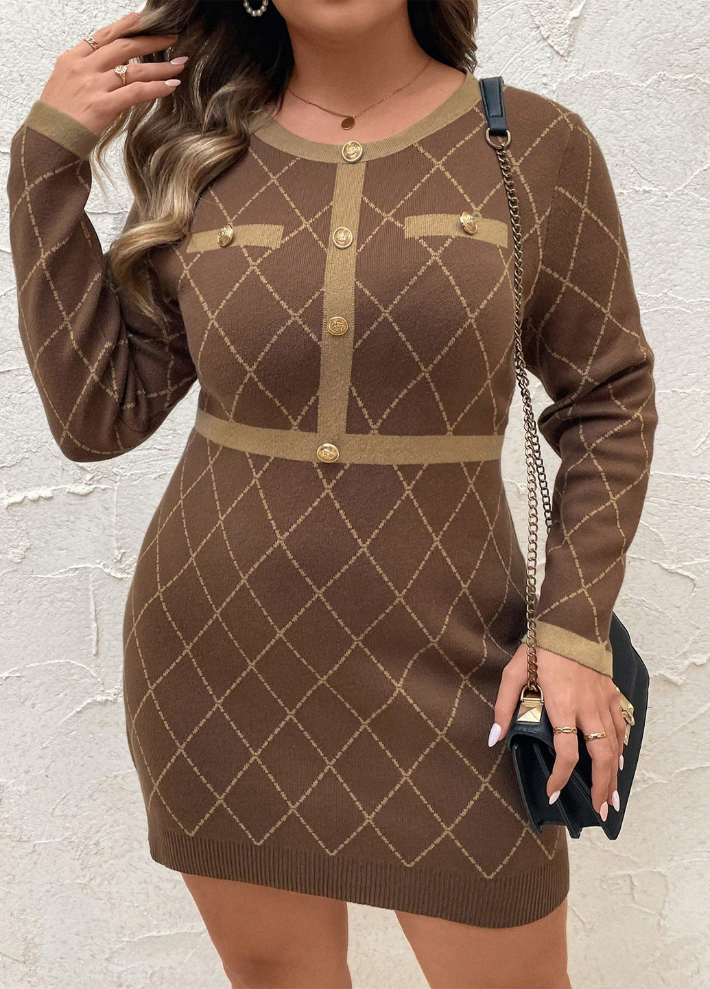 Коричневое кэжуал платье платье-свитер SHEIN в клетку
