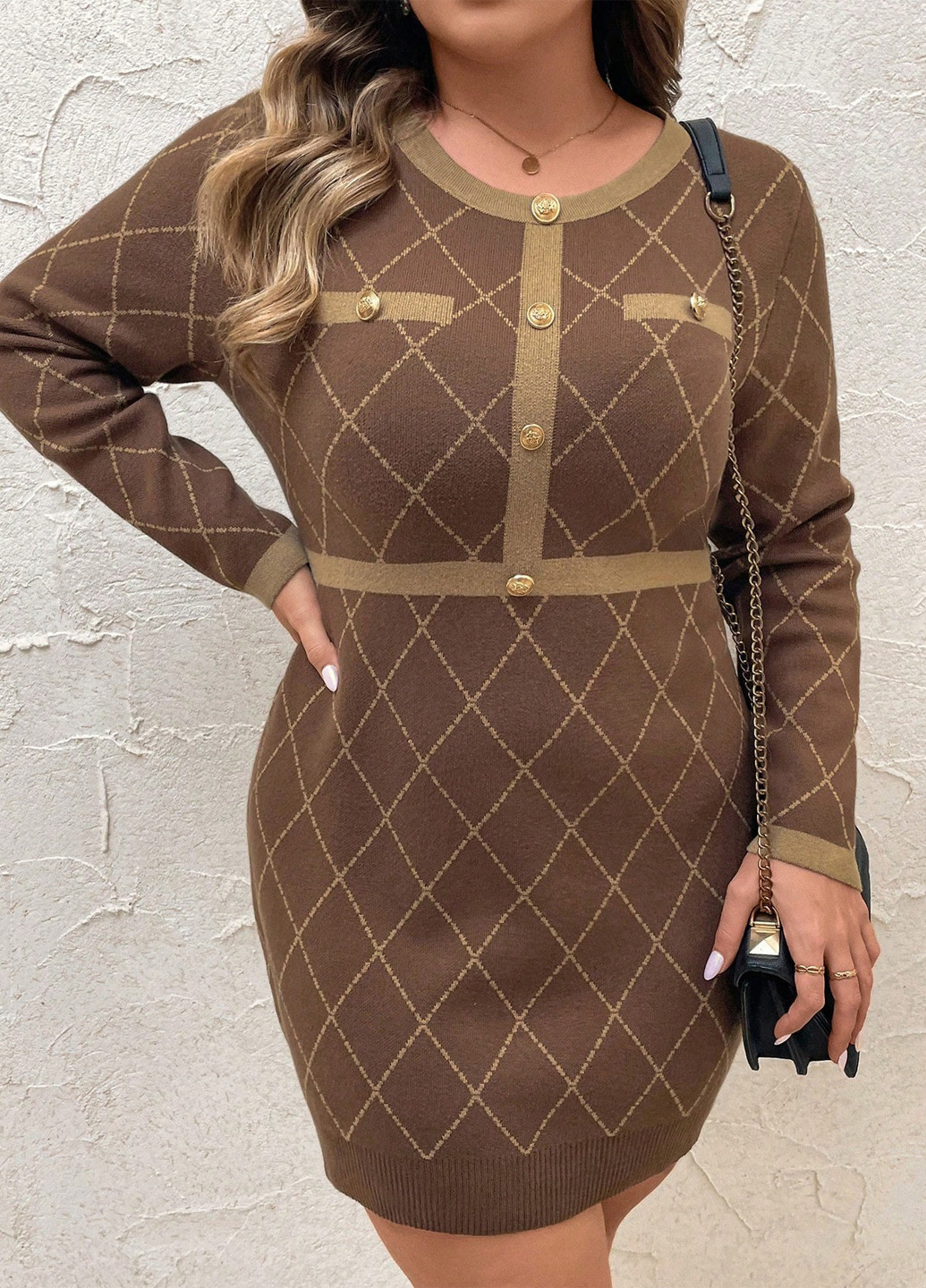 Коричневое кэжуал платье платье-свитер SHEIN в клетку