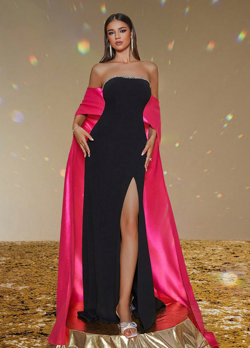 Комбинированное праздничный, вечернее платье со шлейфом, с открытыми плечами SHEIN колор блок