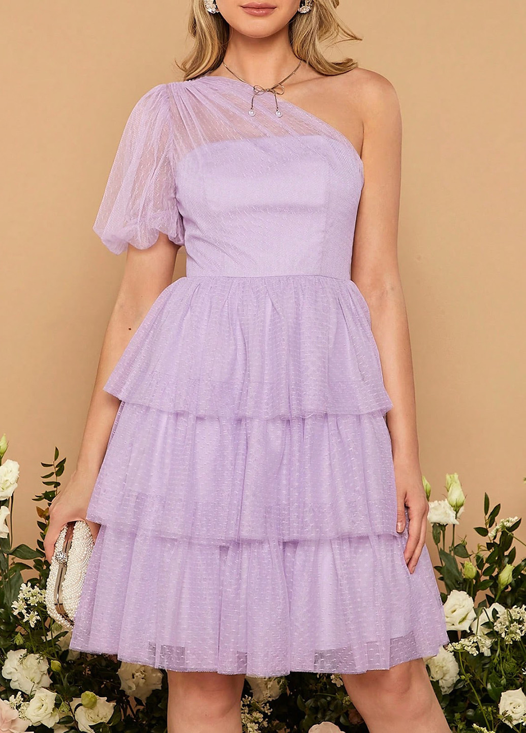 Лиловое вечернее платье а-силуэт, на одно плечо SHEIN однотонное