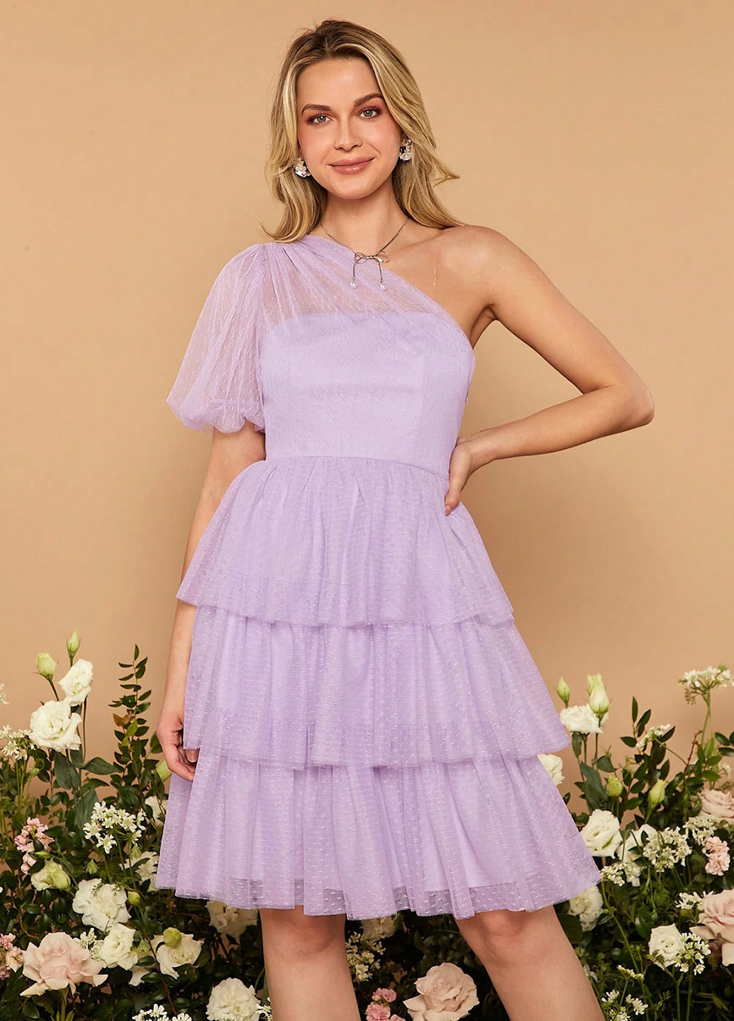 Лиловое вечернее платье а-силуэт, на одно плечо SHEIN однотонное