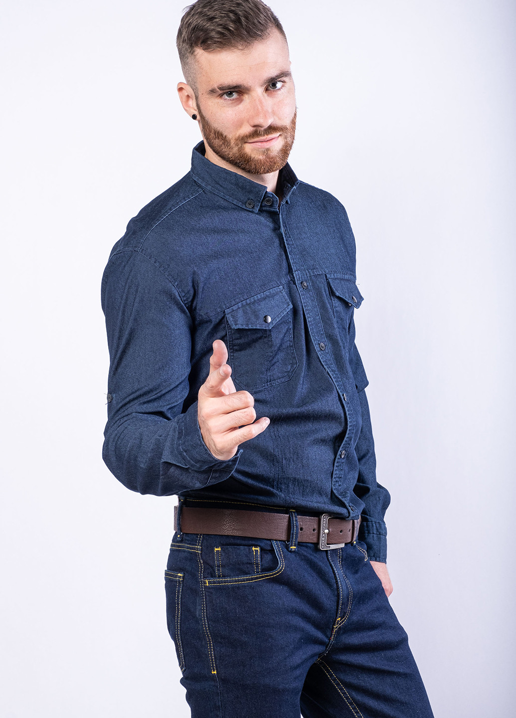 Темно-синяя кэжуал, джинсовая рубашка однотонная Time of Style