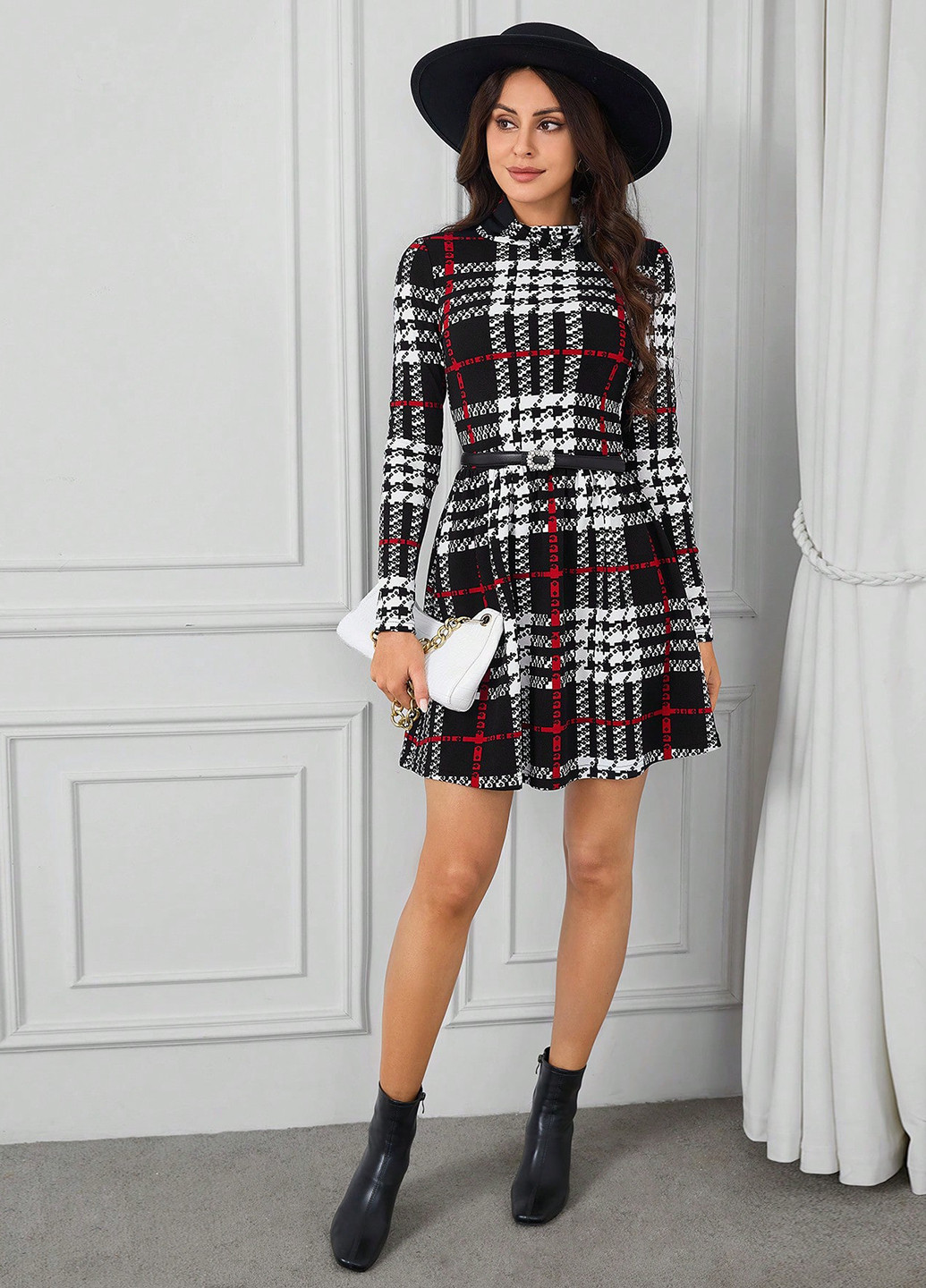 Черное кэжуал платье клеш, платье-водолазка SHEIN в клетку