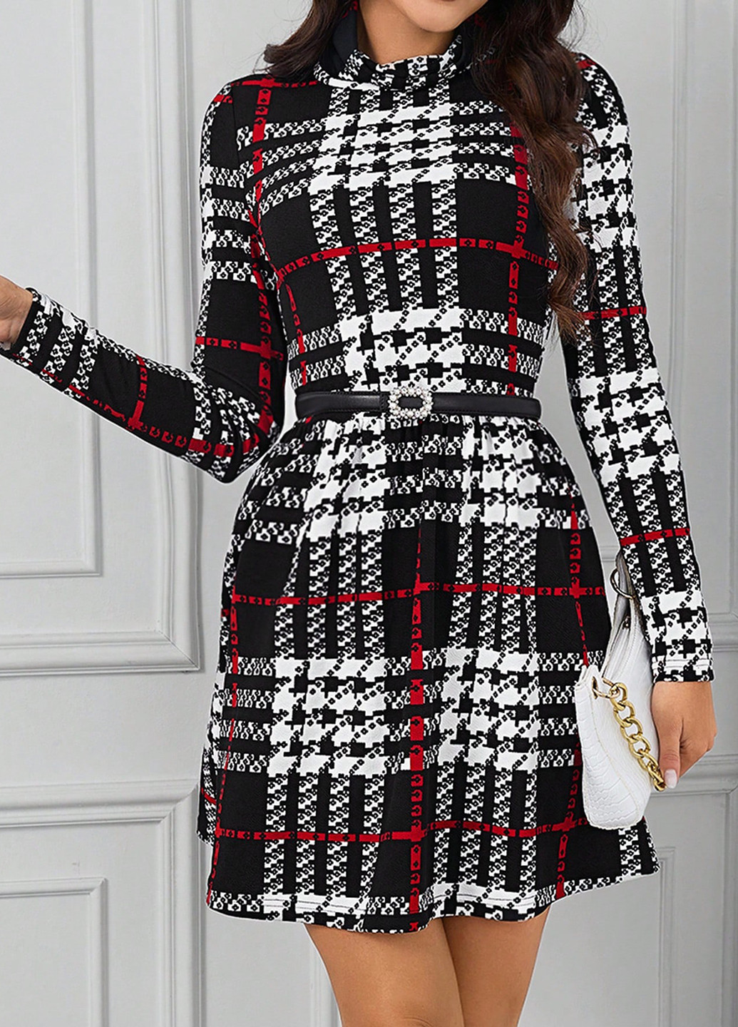 Черное кэжуал платье клеш, платье-водолазка SHEIN в клетку