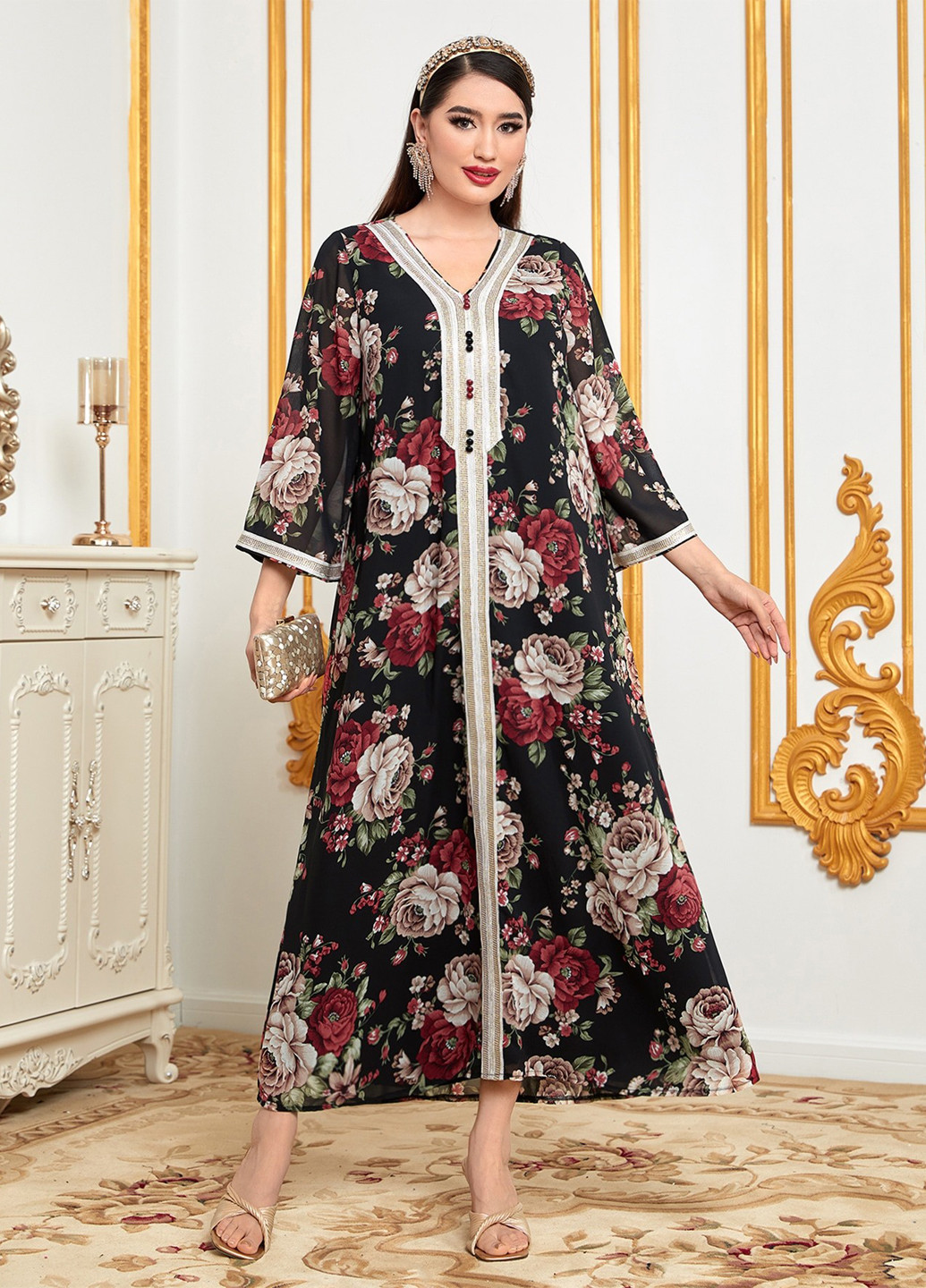 Черное кэжуал платье а-силуэт SHEIN розы