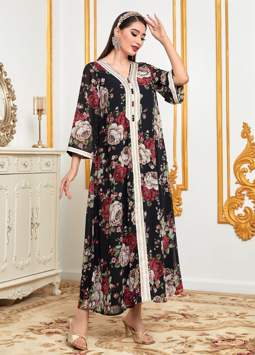 Черное кэжуал платье а-силуэт SHEIN розы