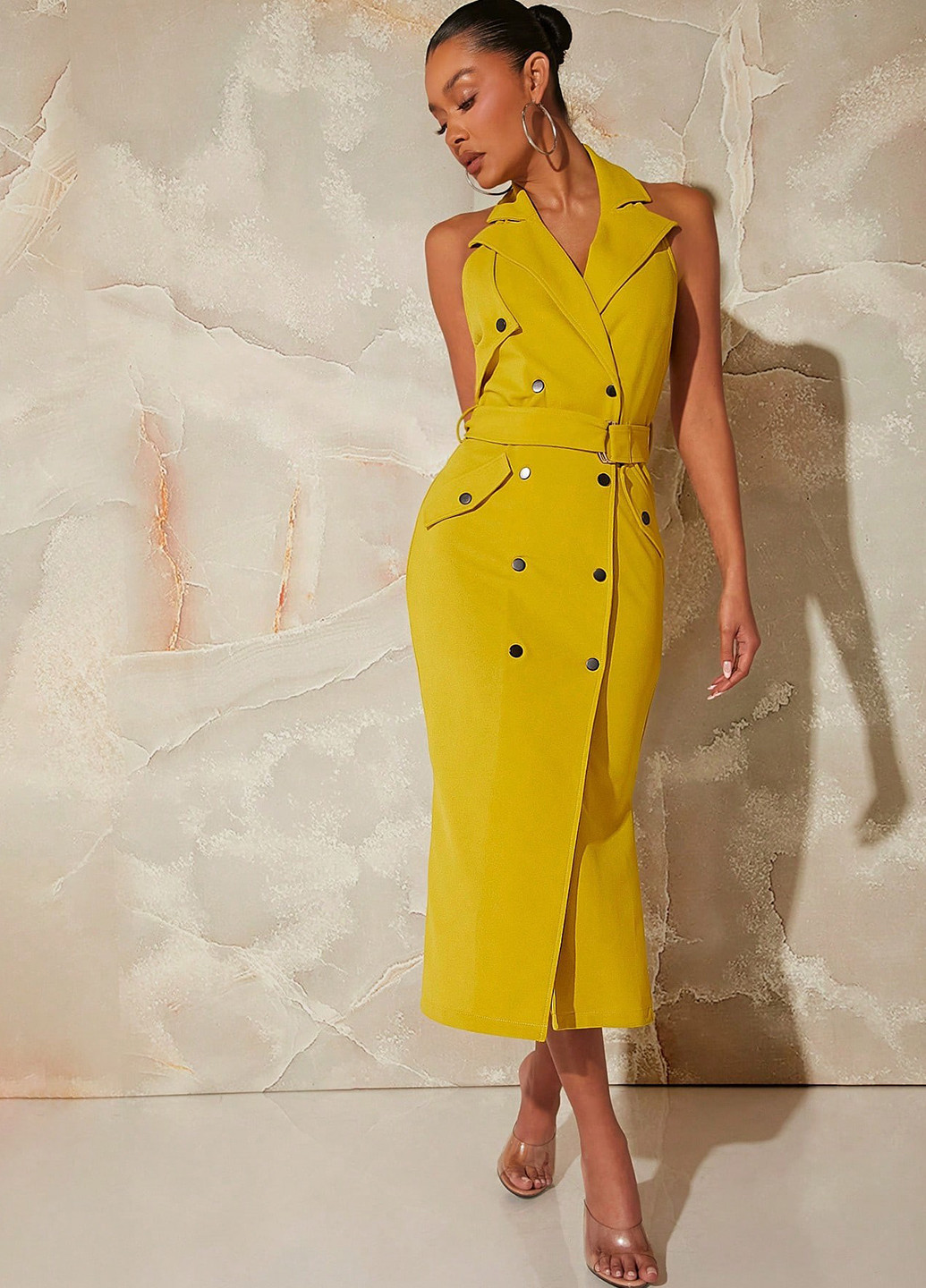 Горчичное кэжуал платье с открытой спиной SHEIN однотонное