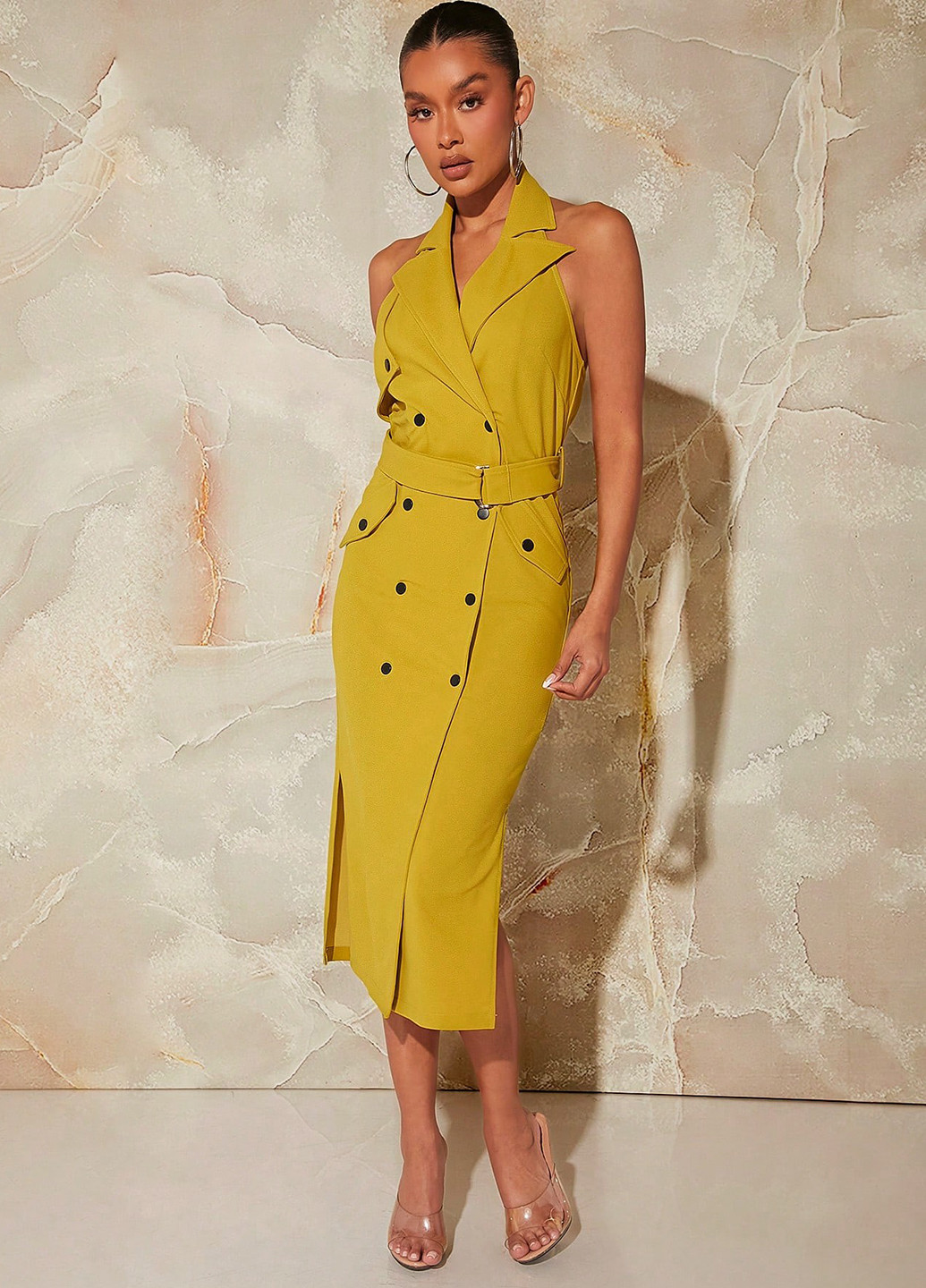 Горчичное кэжуал платье с открытой спиной SHEIN однотонное