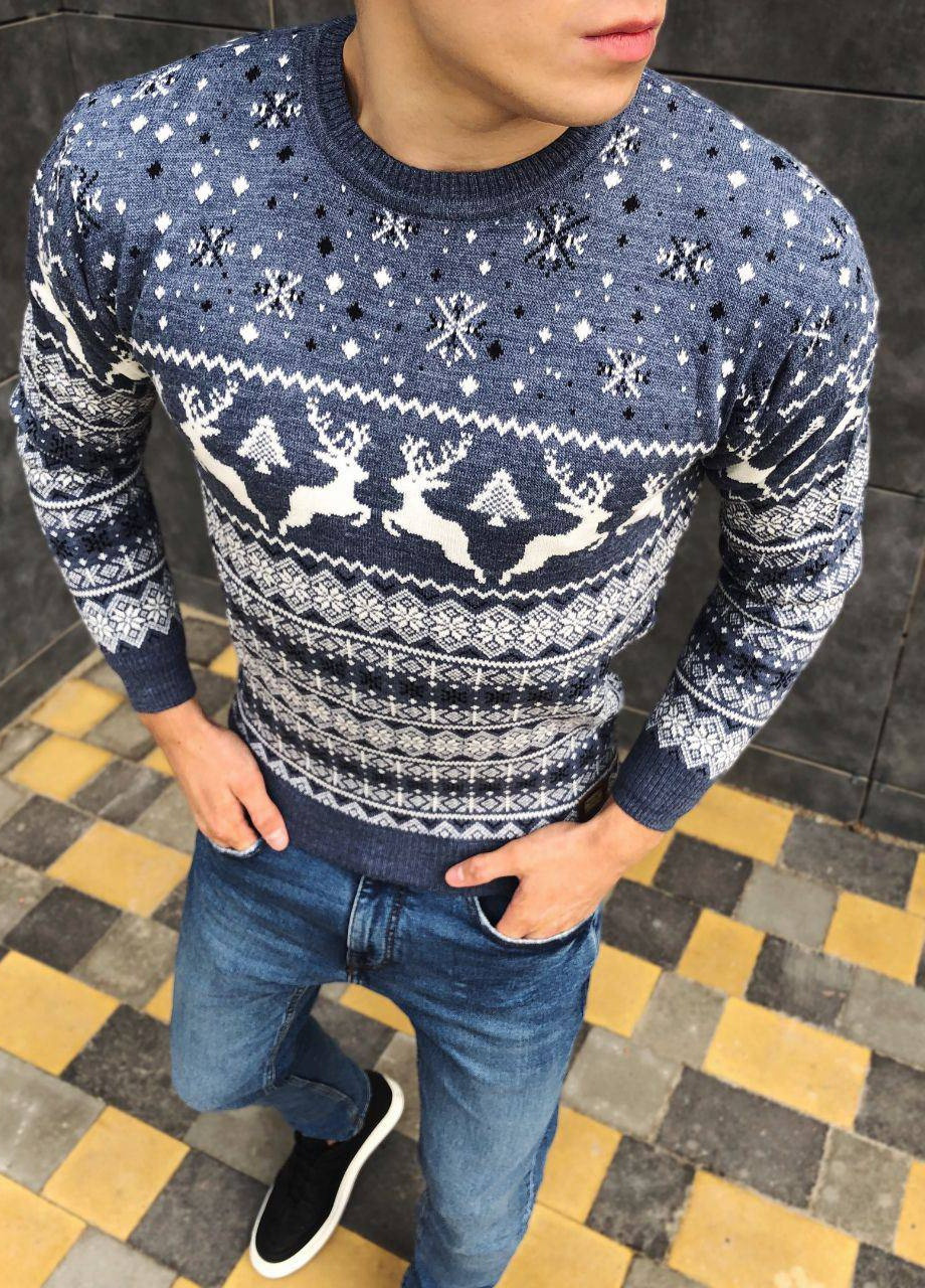 Синій зимовий стильний светр з оленями No Brand