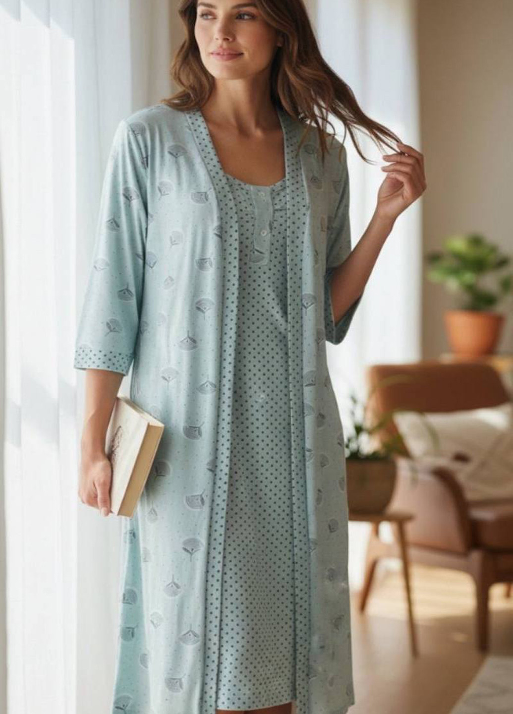 Голубой демисезонный комплект (ночная рубашка, халат) Fashion