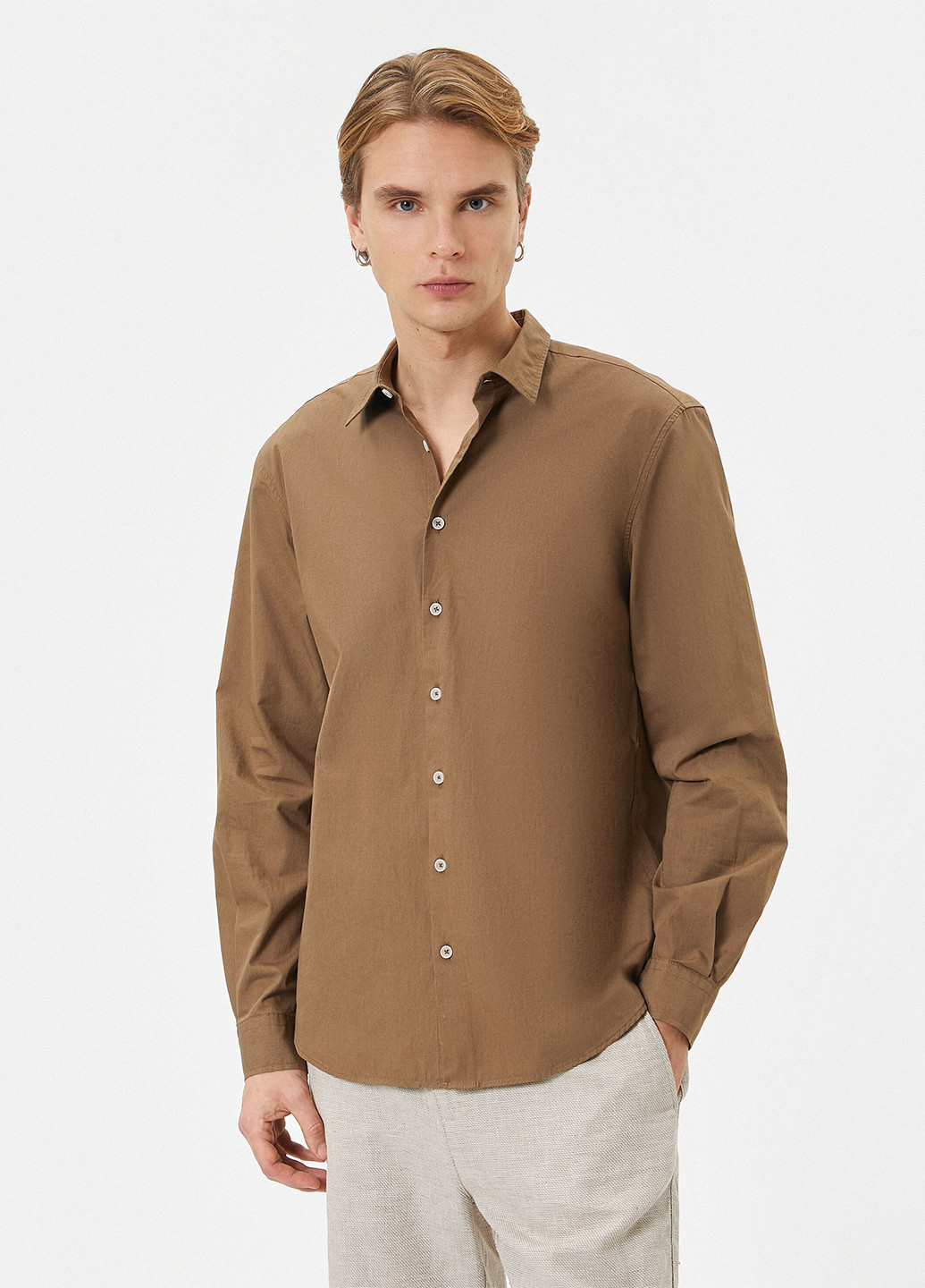 Светло-коричневая кэжуал рубашка однотонная KOTON