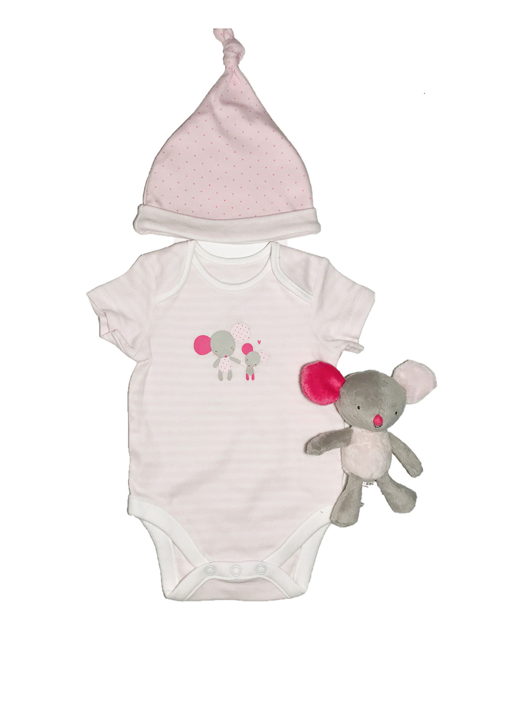 Розовый демисезонный комплект (шапка, боди, игрушка) Mothercare