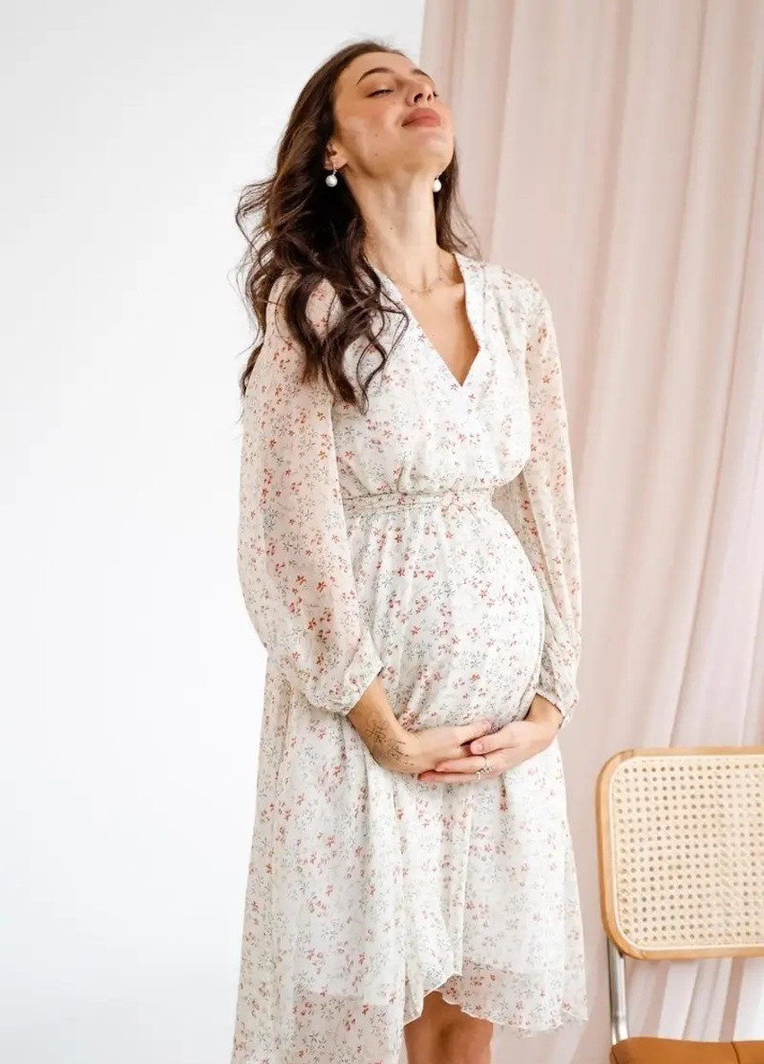 Оливковое кэжуал шифоновое платье для беременных и кормящих мам салатовое цветочное To Be с цветочным принтом