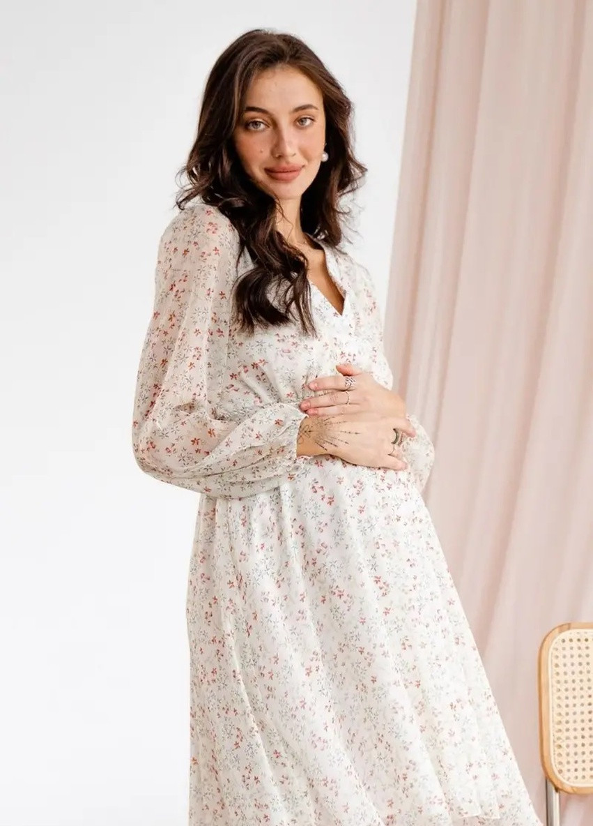 Оливкова кежуал шифонова сукня для вагітних і годуючих мам салатова квіткова To Be з квітковим принтом