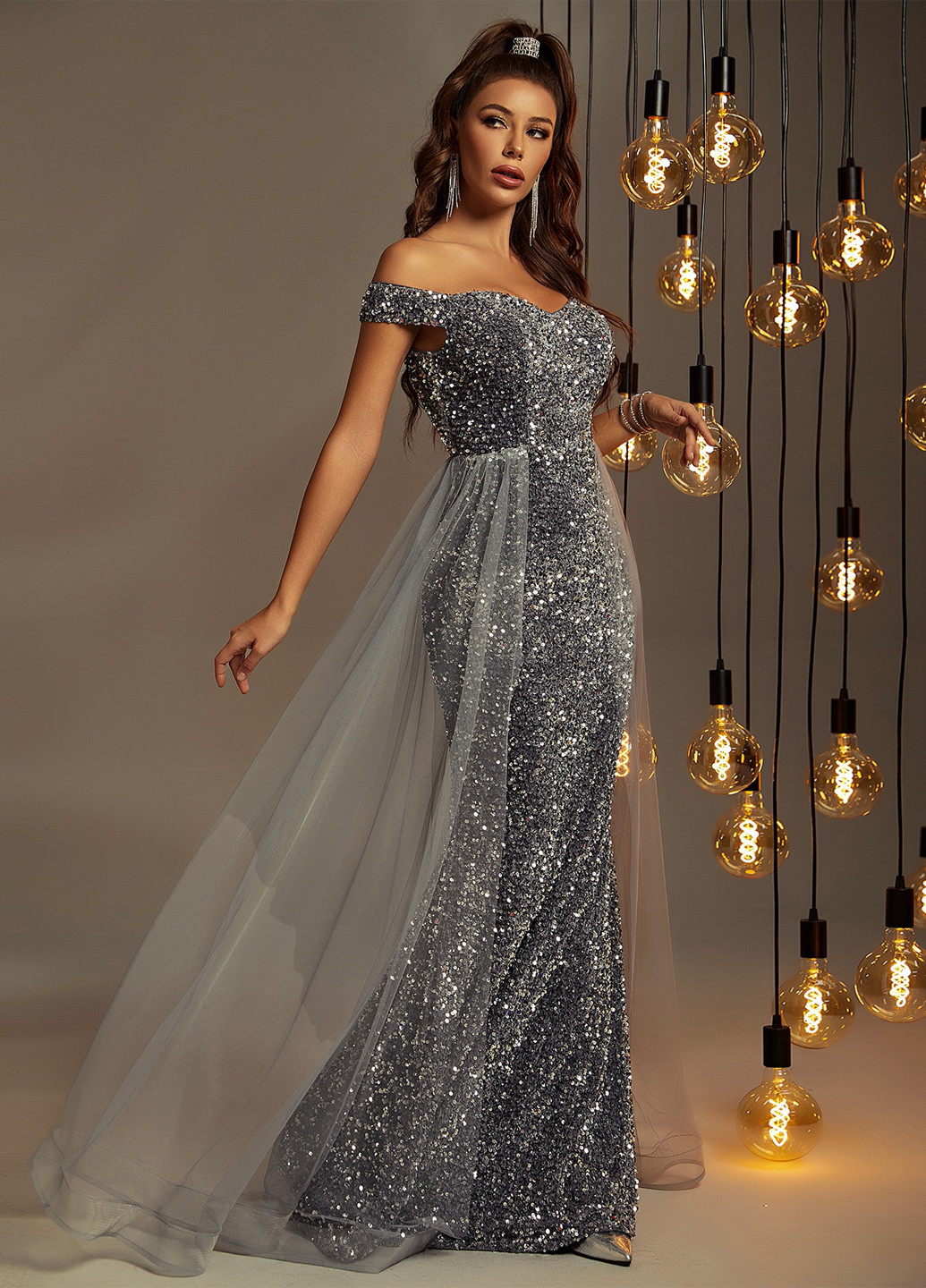 Темно-сіра вечірня сукня годе, сукня-кейп, з відкритими плечима SHEIN однотонна