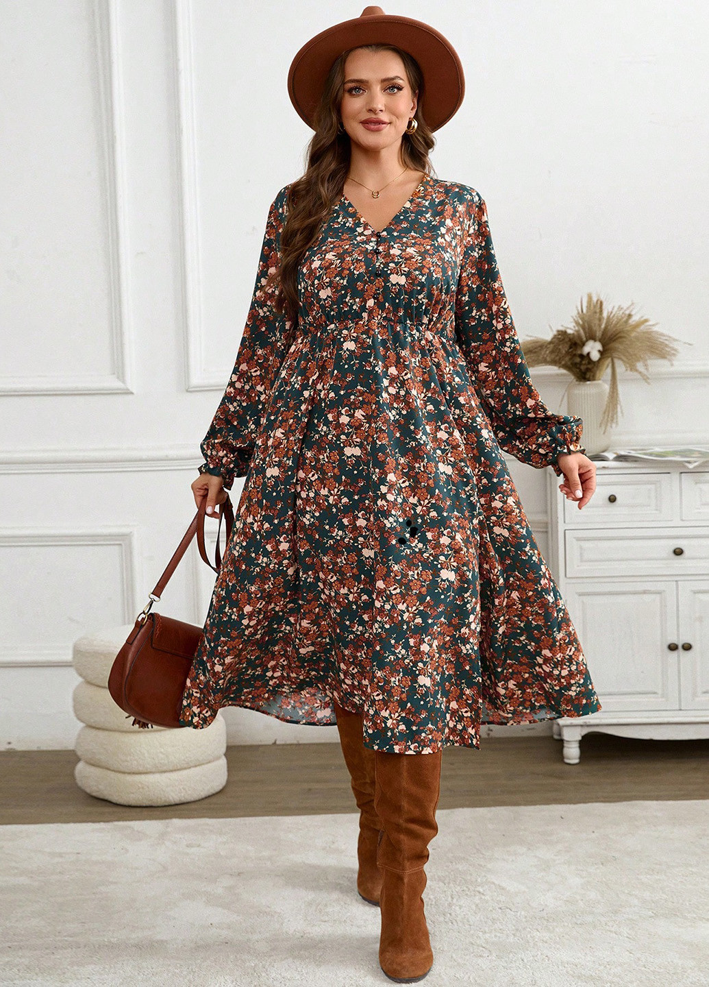 Темно-зеленое праздничный, кэжуал платье а-силуэт SHEIN с цветочным принтом