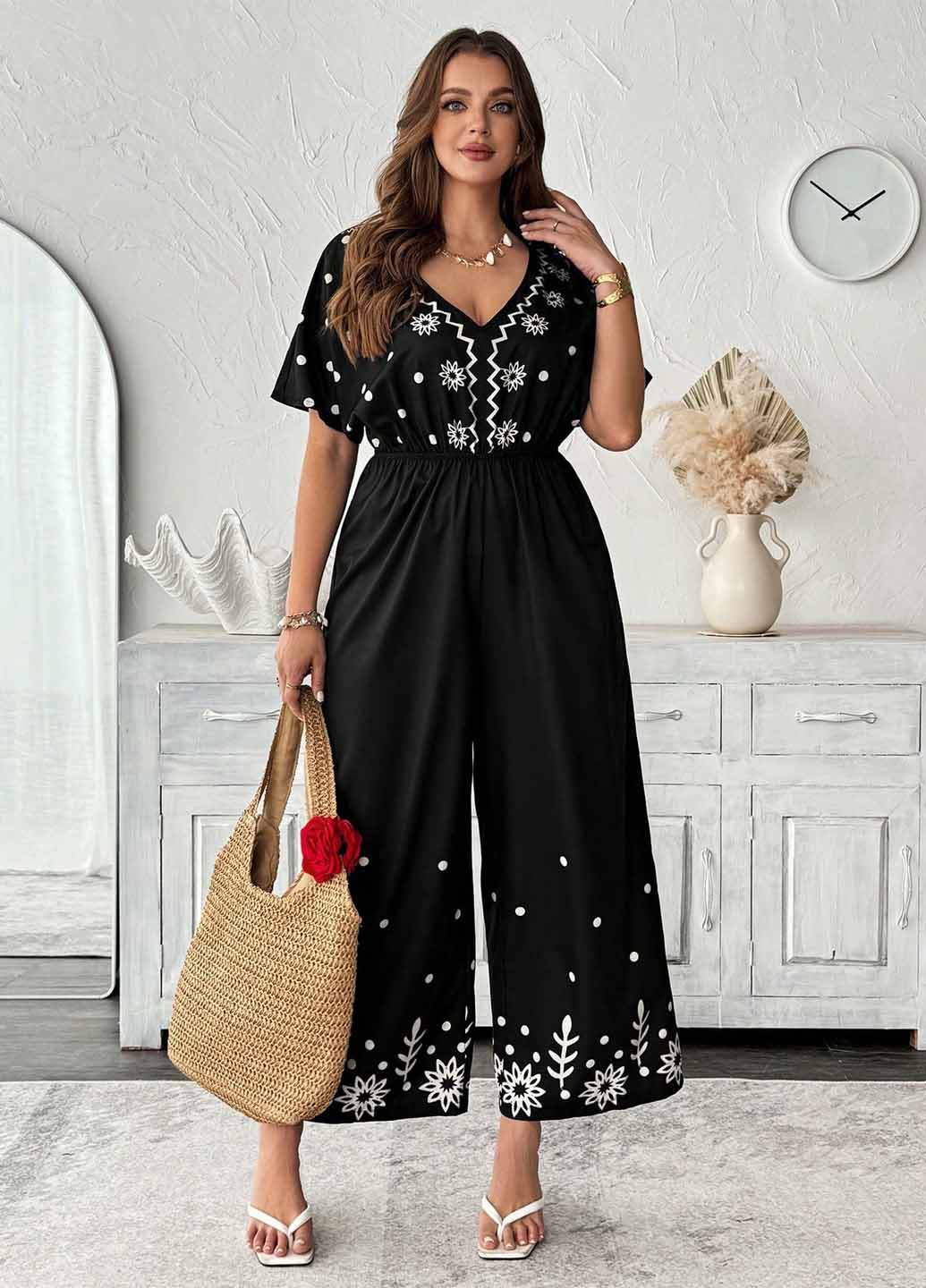 Комбінезон SHEIN комбінезон-брюки квітковий чорний кежуал поліестер