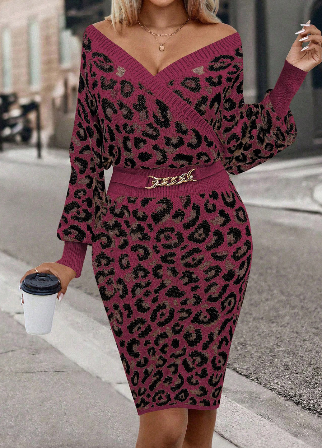 Темно-розовое праздничный, кэжуал платье на запах, футляр, платье-свитер SHEIN леопардовый