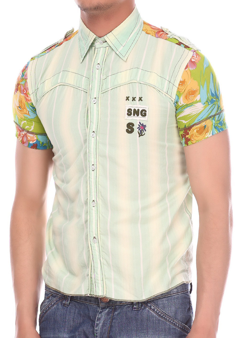 Салатовая кэжуал рубашка в полоску Singly с коротким рукавом
