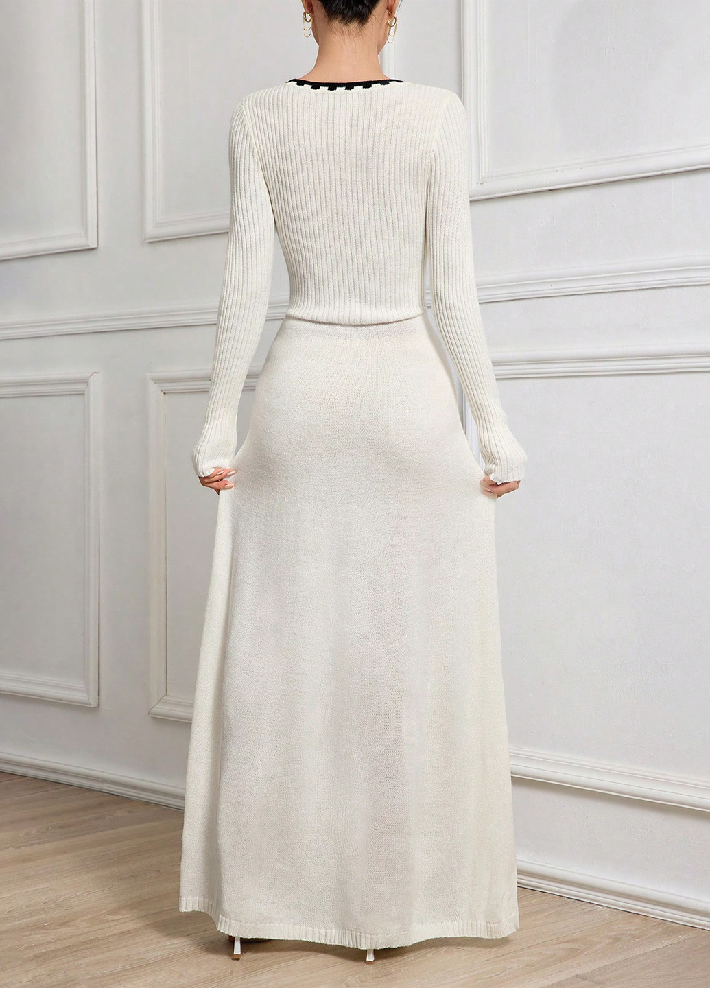 Молочна вечірня сукня силуетна, з спідницею-сонце, сукня светр SHEIN однотонна