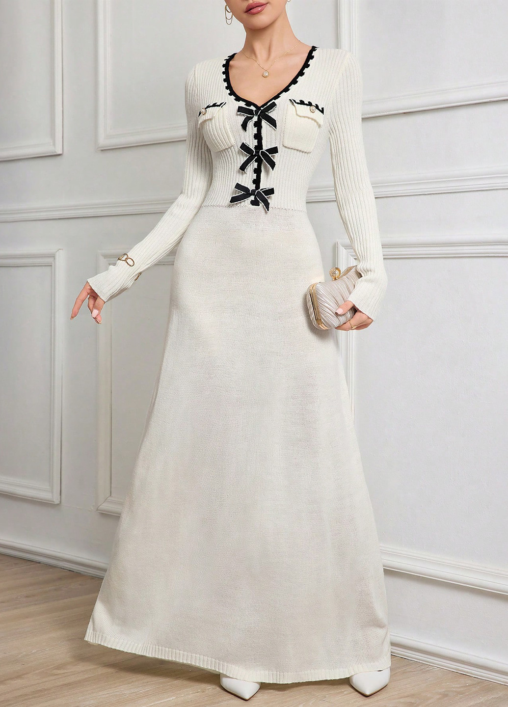 Молочна вечірня сукня силуетна, з спідницею-сонце, сукня светр SHEIN однотонна