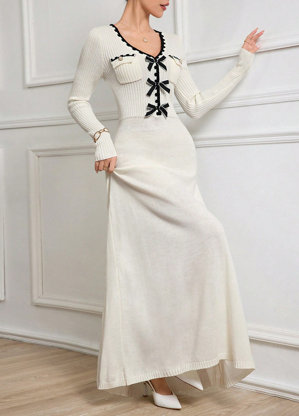 Молочна вечірня сукня силуетна, з спідницею-сонце, сукня светр SHEIN однотонна