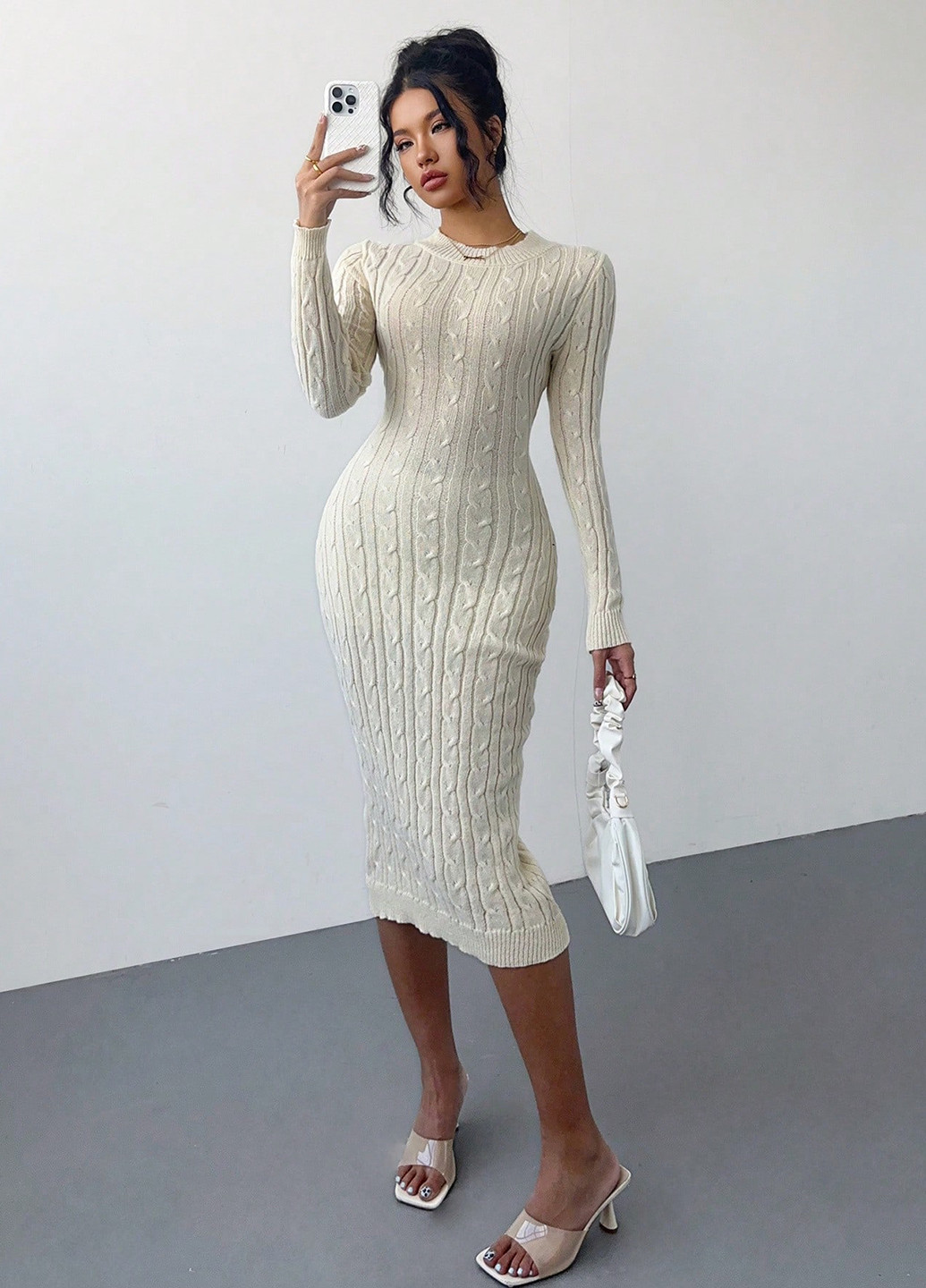 Кремовое кэжуал платье платье-свитер SHEIN однотонное