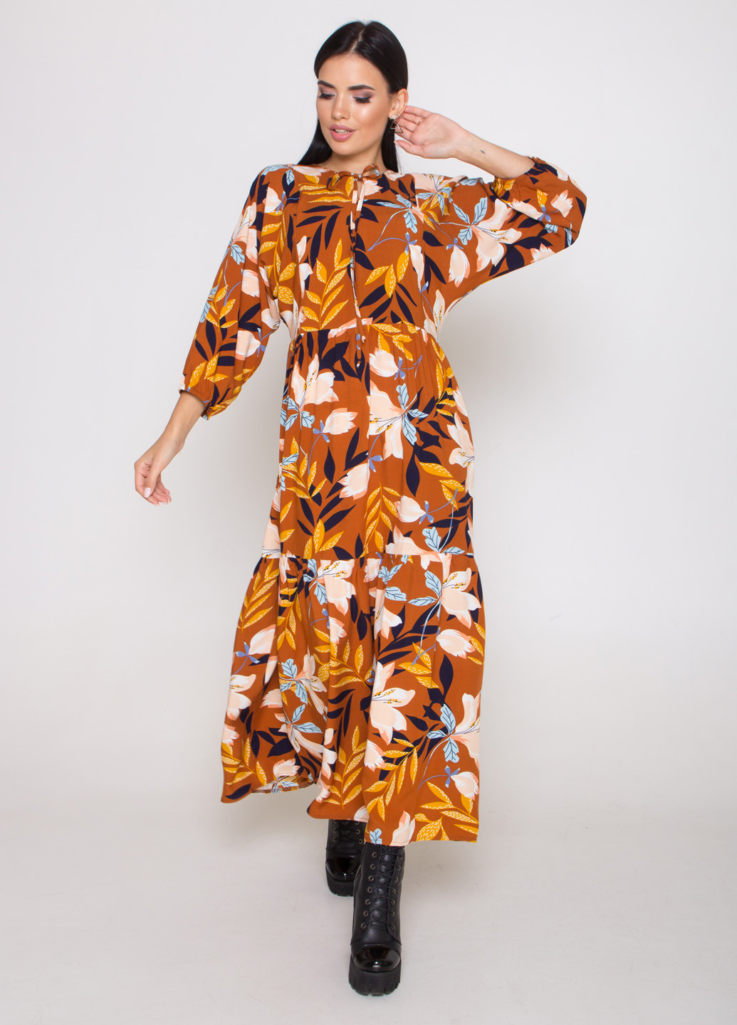 Коричневое кэжуал платье оверсайз TessDress с цветочным принтом