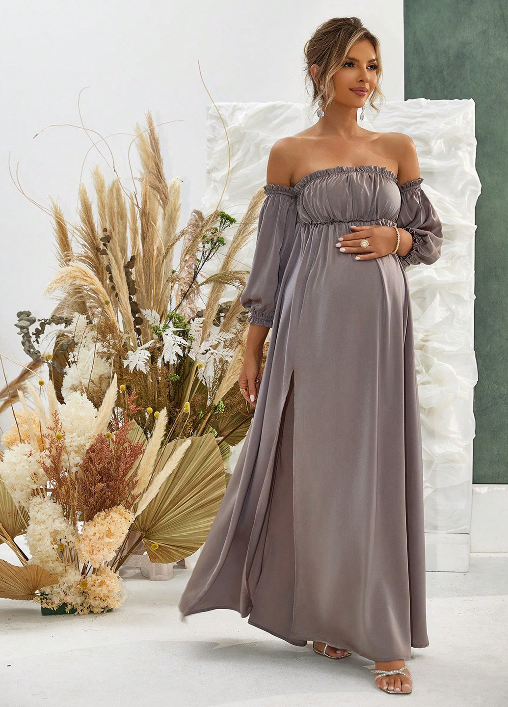 Сіро-бежева вечірня плаття для вагітних з спідницею-сонце, з відкритими плечима, з відкритою спиною, а-силует SHEIN однотонна