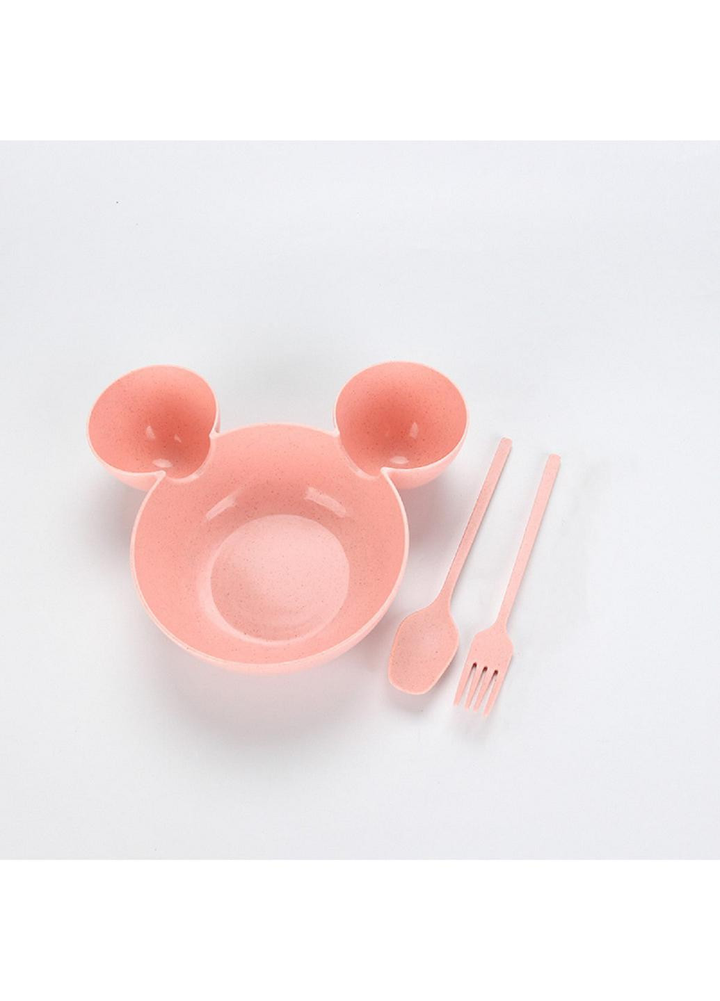 Детская тарелка с ушками и приборами из экопластика, розовая (68-550) No Brand темно-розовая