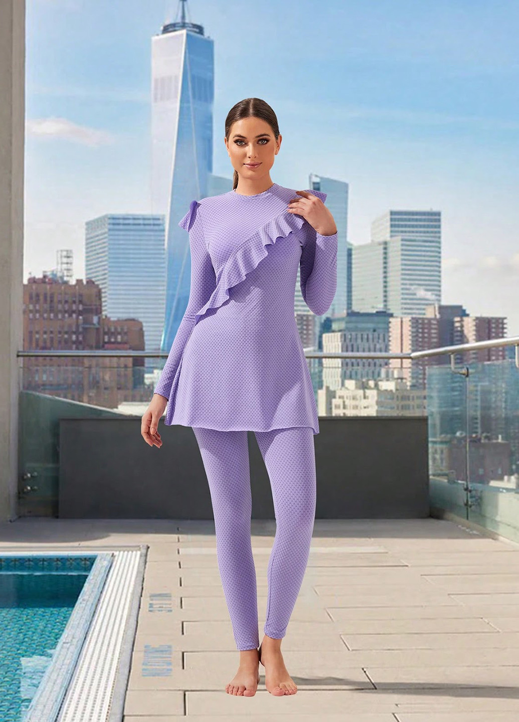 Сиреневый летний купальник (туника, леггинсы) буркини, раздельный SHEIN