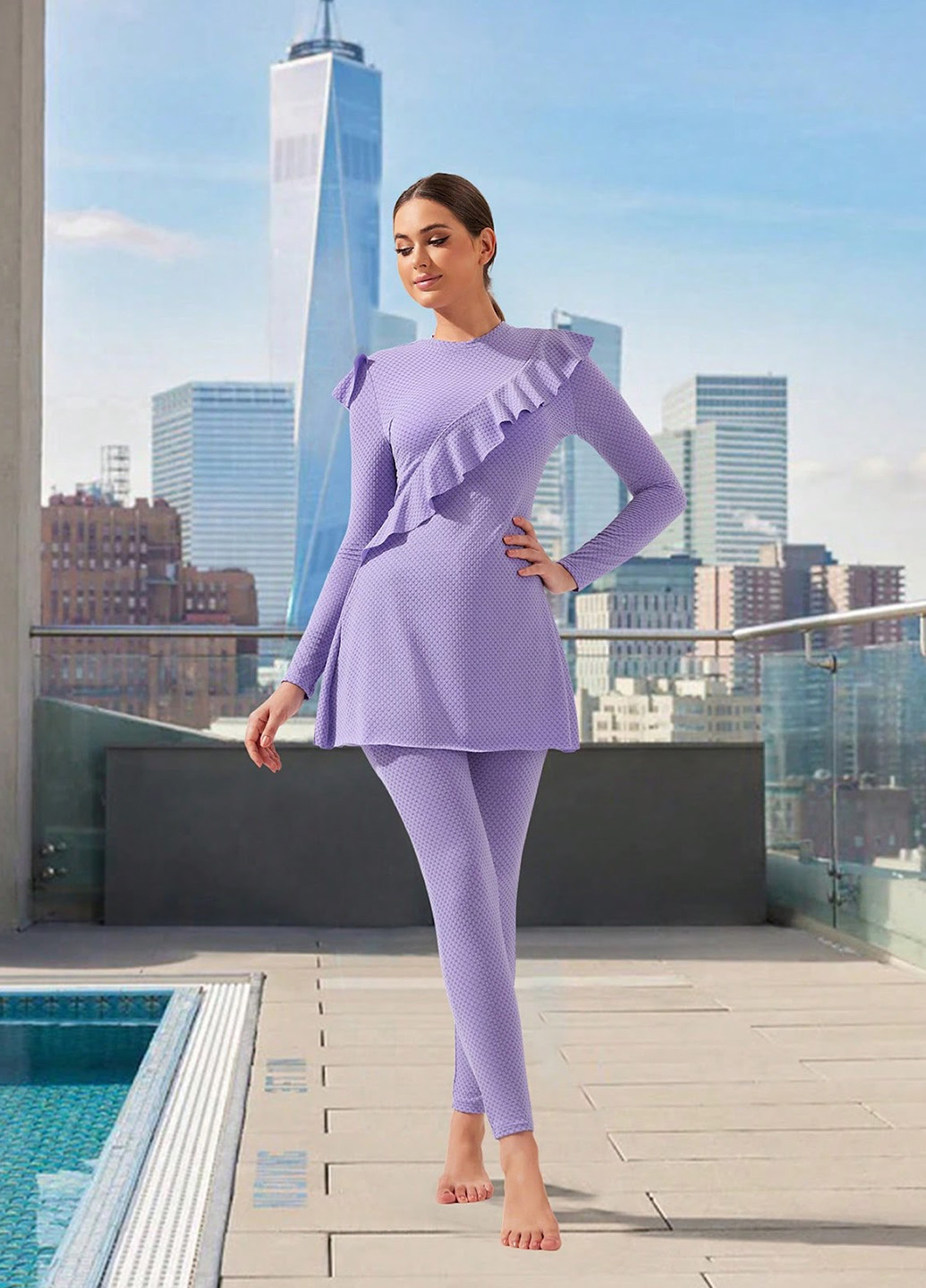 Сиреневый летний купальник (туника, леггинсы) буркини, раздельный SHEIN