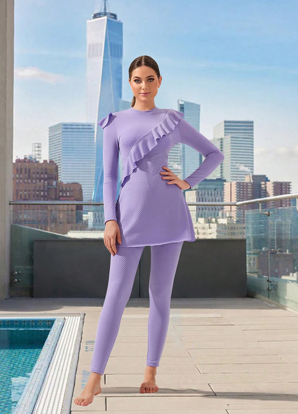 Сиреневый летний купальник (туника, леггинсы) буркини, раздельный SHEIN