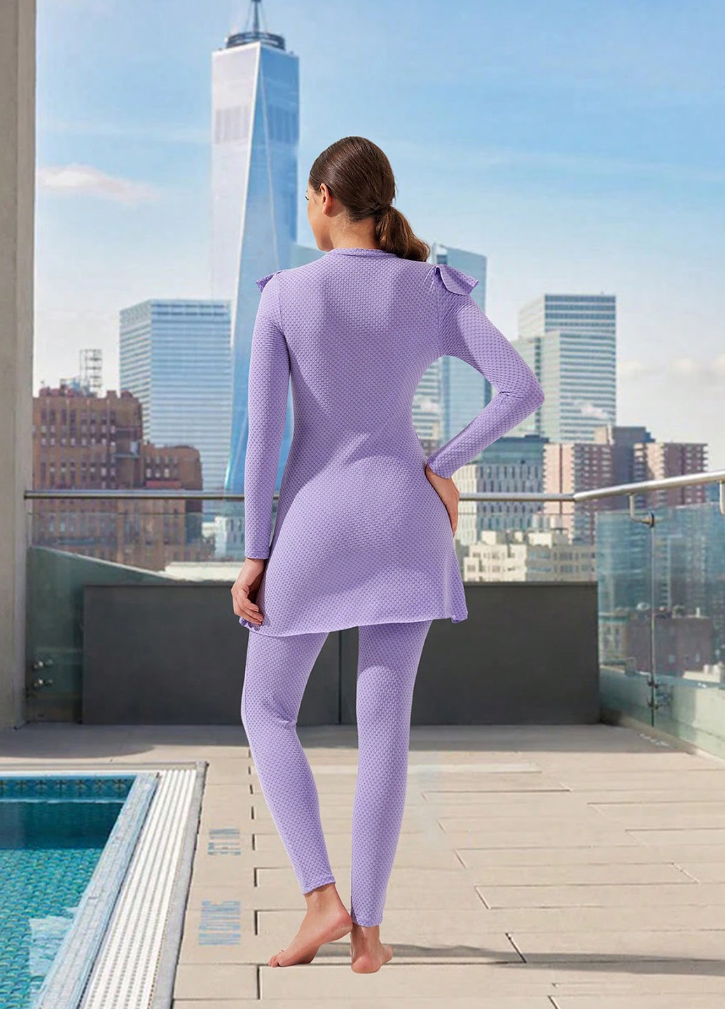 Сиреневый летний купальник (туника, леггинсы) буркини, раздельный SHEIN